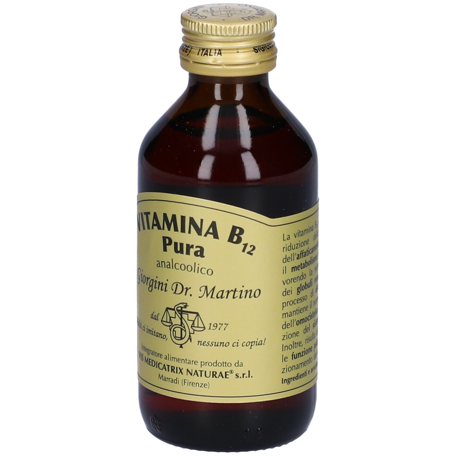 Flacon en verre brun avec bouchon doré. Étiquette avec texte : VITAMINA B12 Pura, Giorgini Dr. Martino.