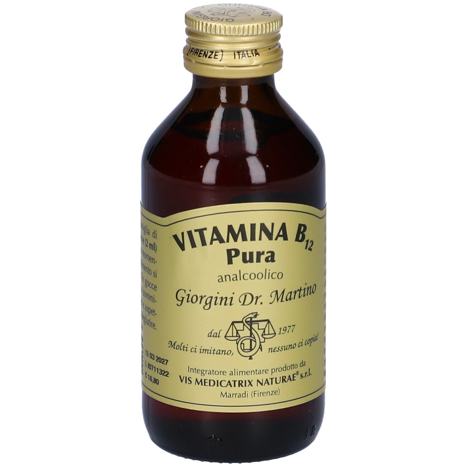 Flacon en verre brun avec bouchon doré. Étiquette avec texte : VITAMINA B12 Pura, Giorgini Dr. Martino.
