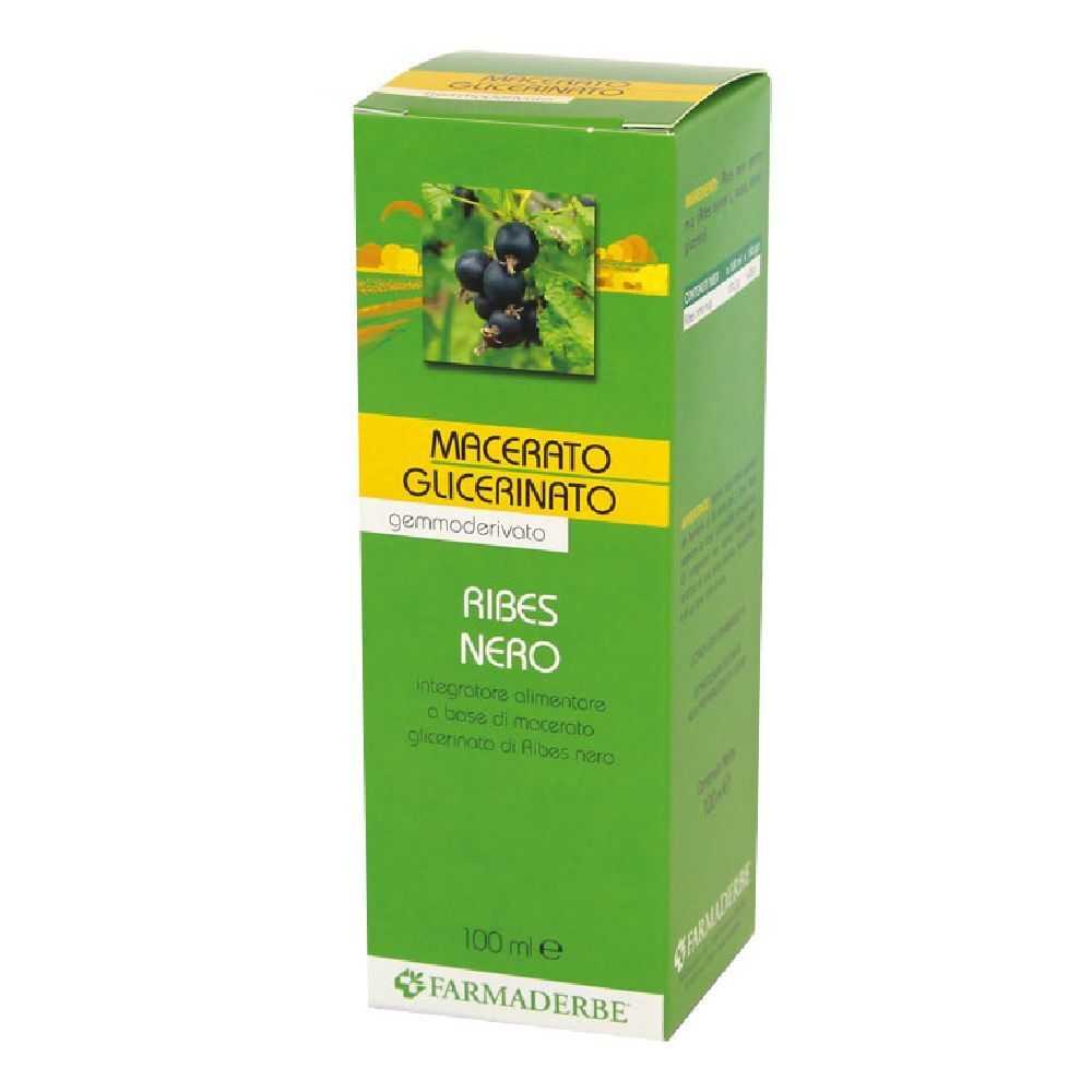 Scatola verde con stampa del prodotto. Scritta: Macerato Glicerico, Ribes Nero. Marchio: Farmaderbe.