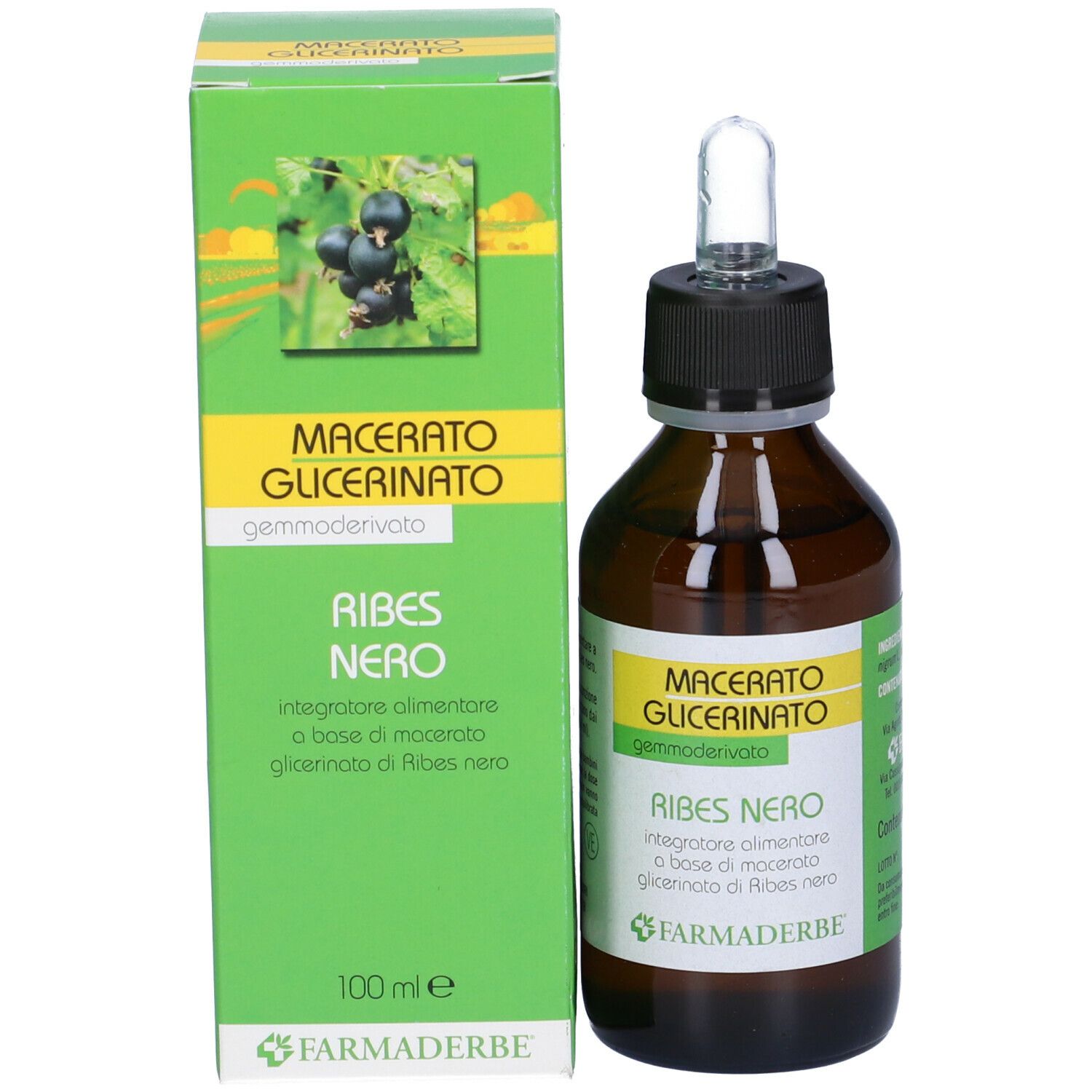 Confezione e flacone del prodotto. Scatola verde e flacone marrone con pipetta. Scritta: Macerato Glicerico, Ribes Nero. Marchio: Farmaderbe.