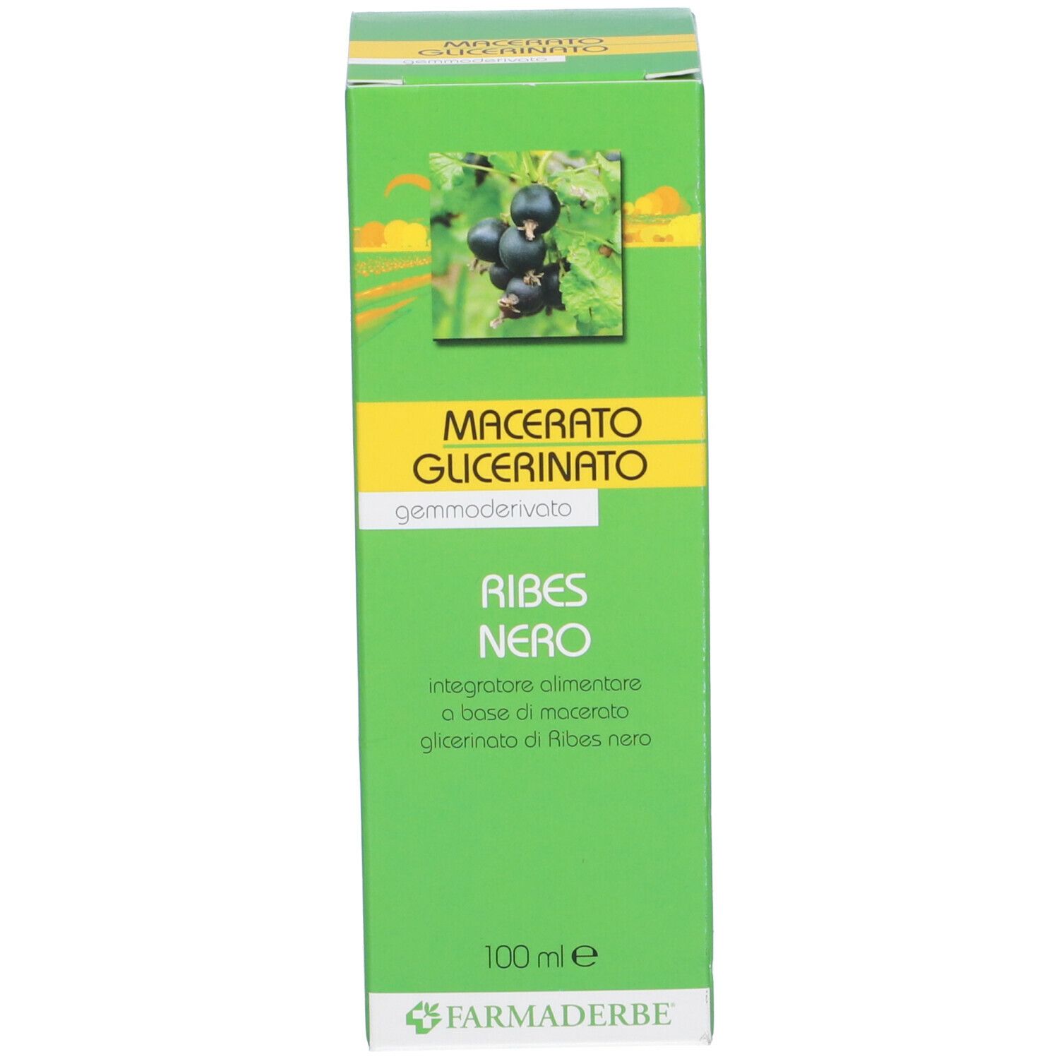 Scatola verde con stampa del prodotto. Scritta: Macerato Glicerico, Ribes Nero. Marchio: Farmaderbe.