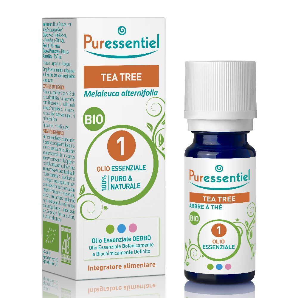 Puressentiel Tea Tree Bio Olio Essenziale. Flacone e confezione. Flacone blu, tappo bianco. Certificazione bio.
