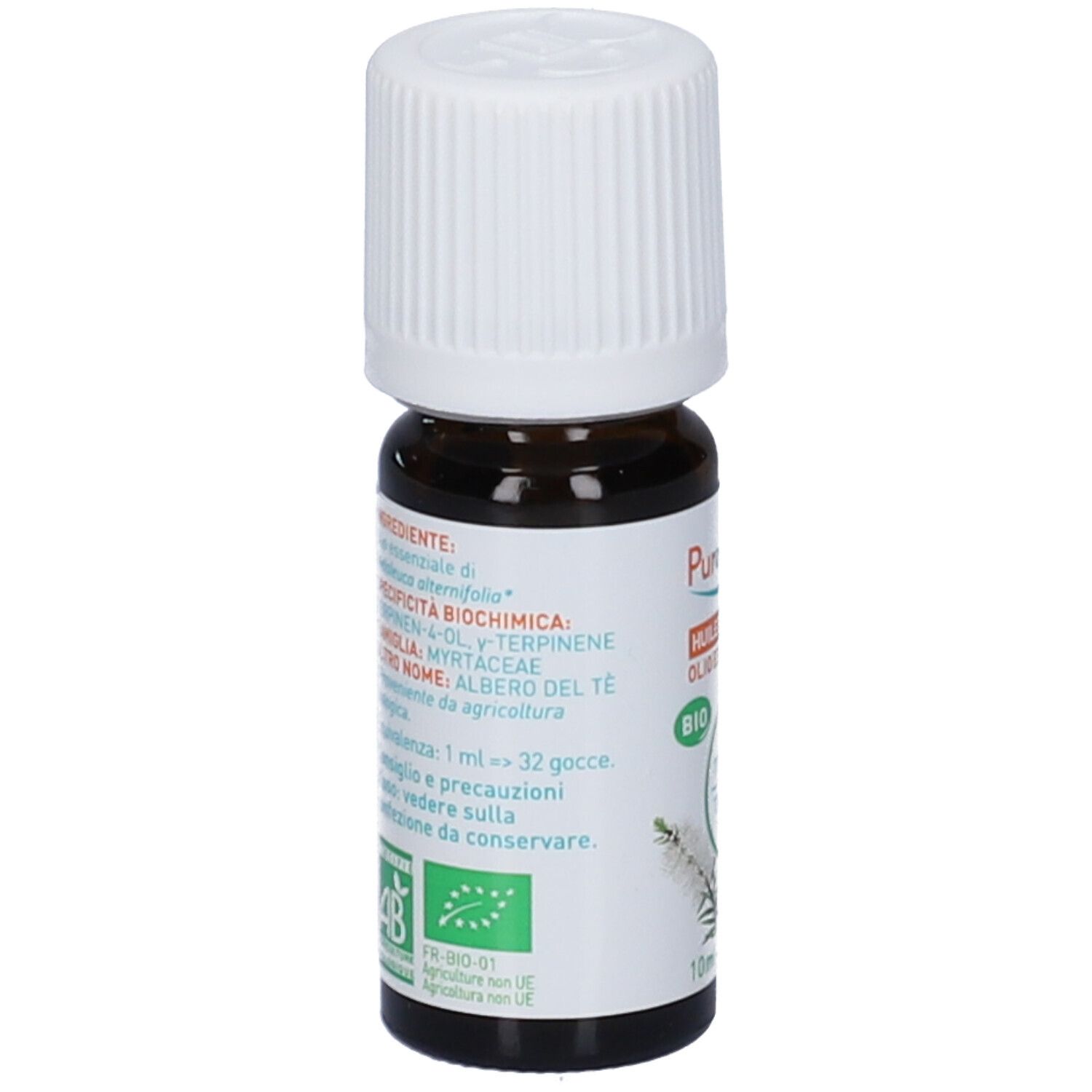 Puressentiel Tea Tree Bio Olio Essenziale. Flacone in vetro marrone con tappo bianco. Retro con testo.