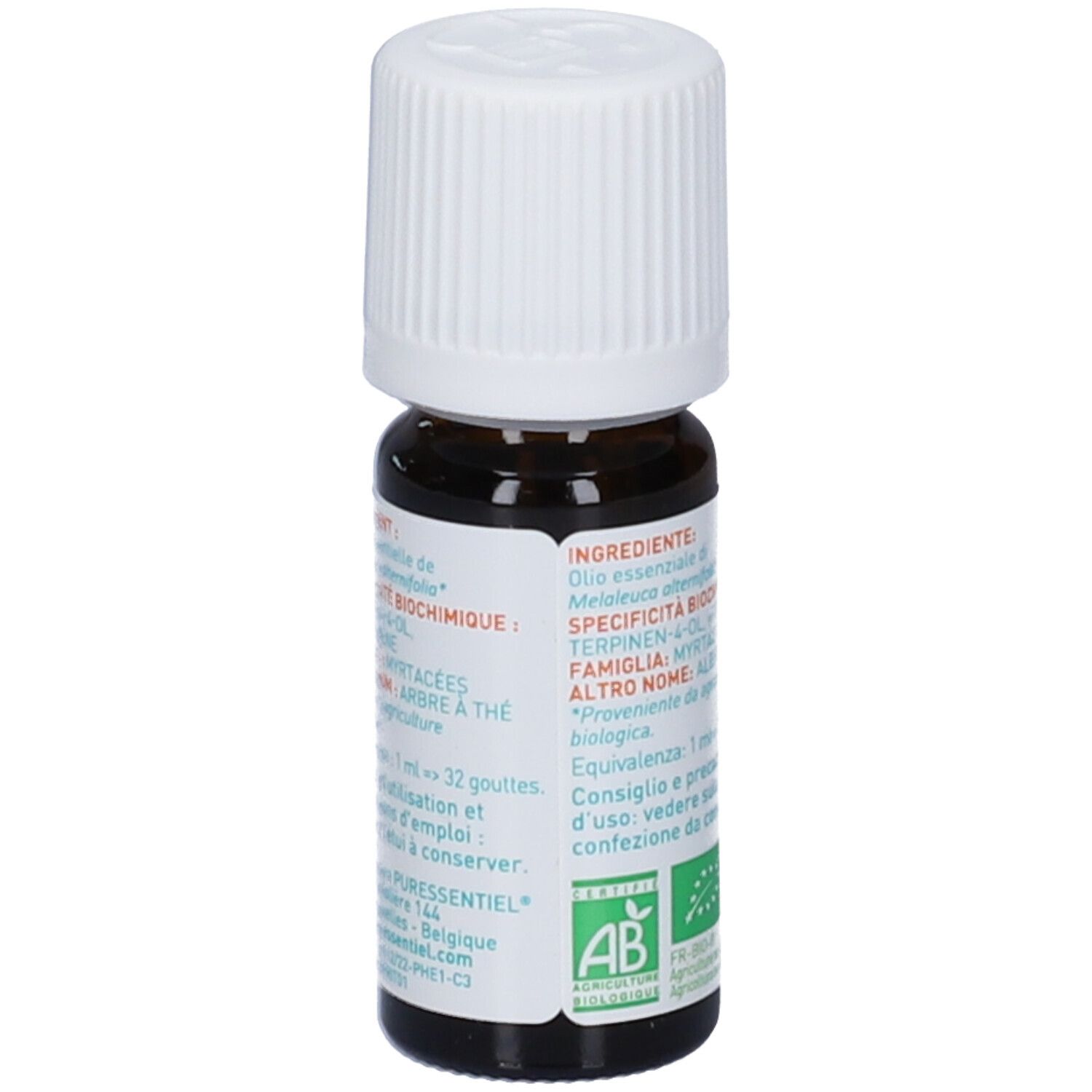 Puressentiel Tea Tree Bio Olio Essenziale. Flacone in vetro marrone con tappo bianco. Retro con testo.
