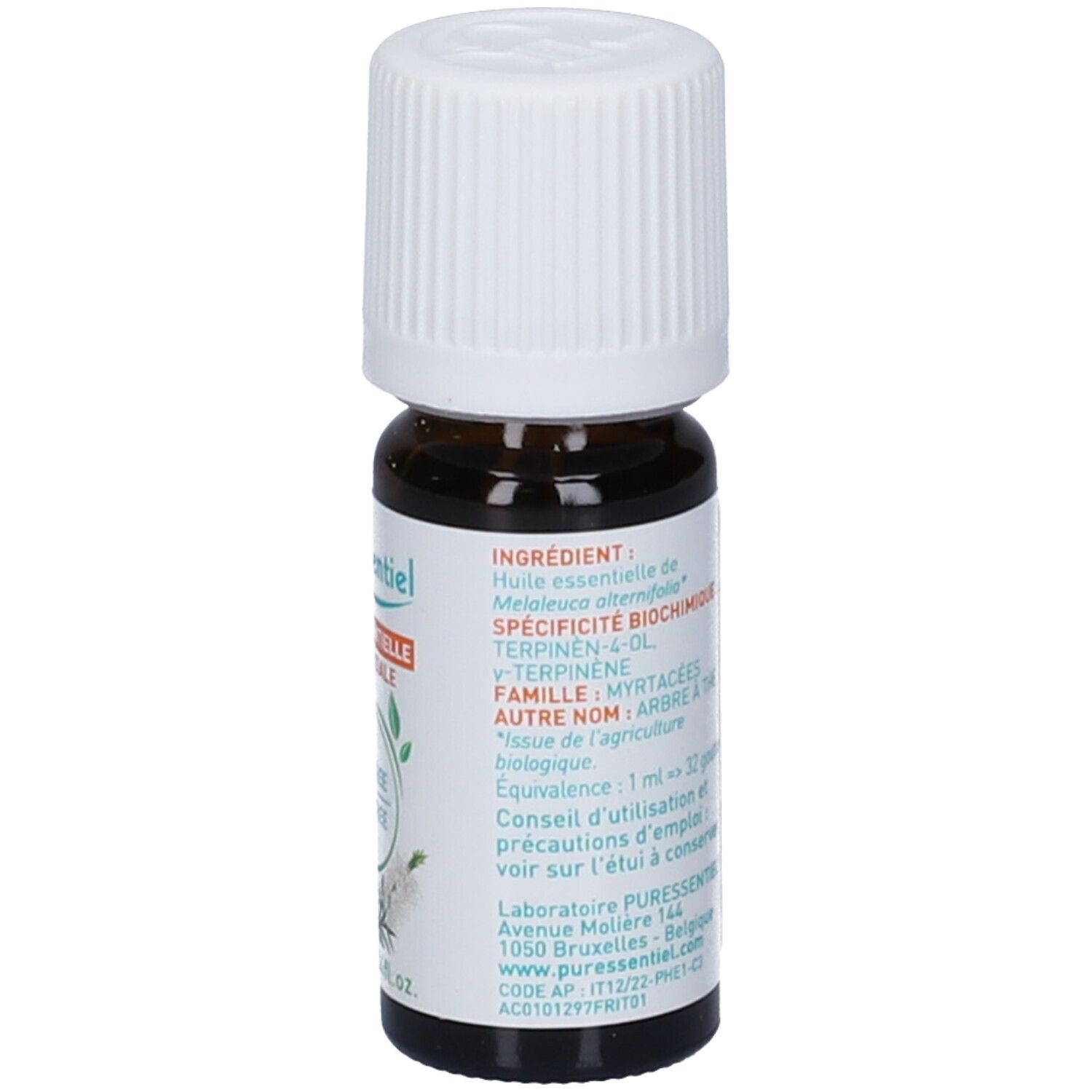 Puressentiel Tea Tree Bio Olio Essenziale. Flacone in vetro marrone con tappo bianco. Etichetta 10ml.