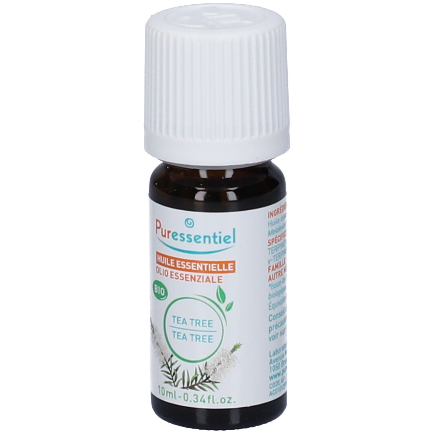 Puressentiel Tea Tree Bio Olio Essenziale. Flacone in vetro marrone con tappo bianco. Etichetta 10ml.