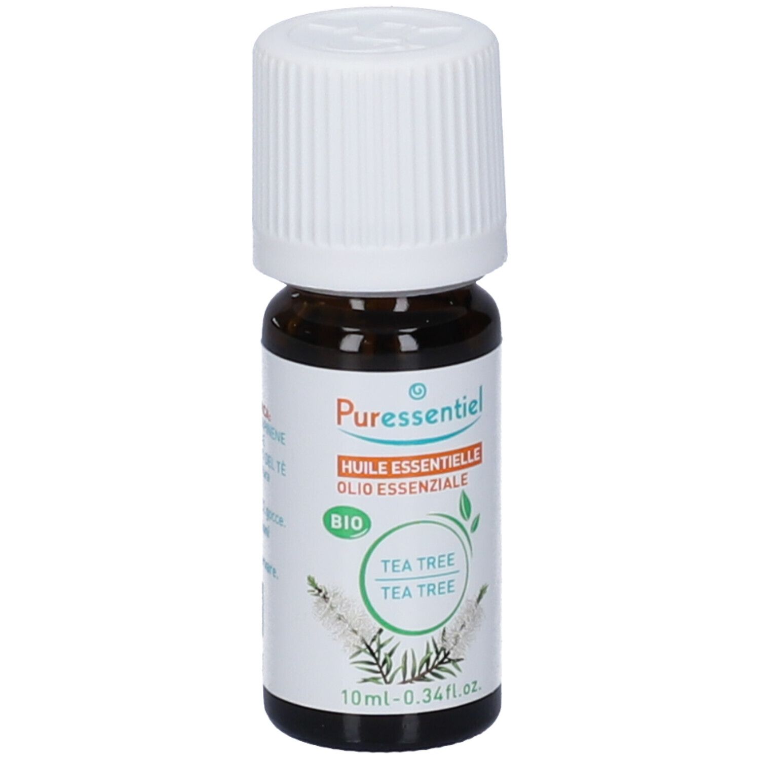 Puressentiel Tea Tree Bio Olio Essenziale. Flacone in vetro marrone con tappo bianco. Etichetta con testo.