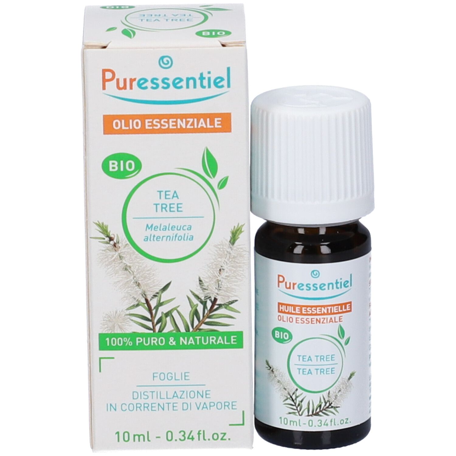 Puressentiel Tea Tree Bio Olio Essenziale. Flacone e confezione. Flacone marrone, tappo bianco. Certificazione bio.