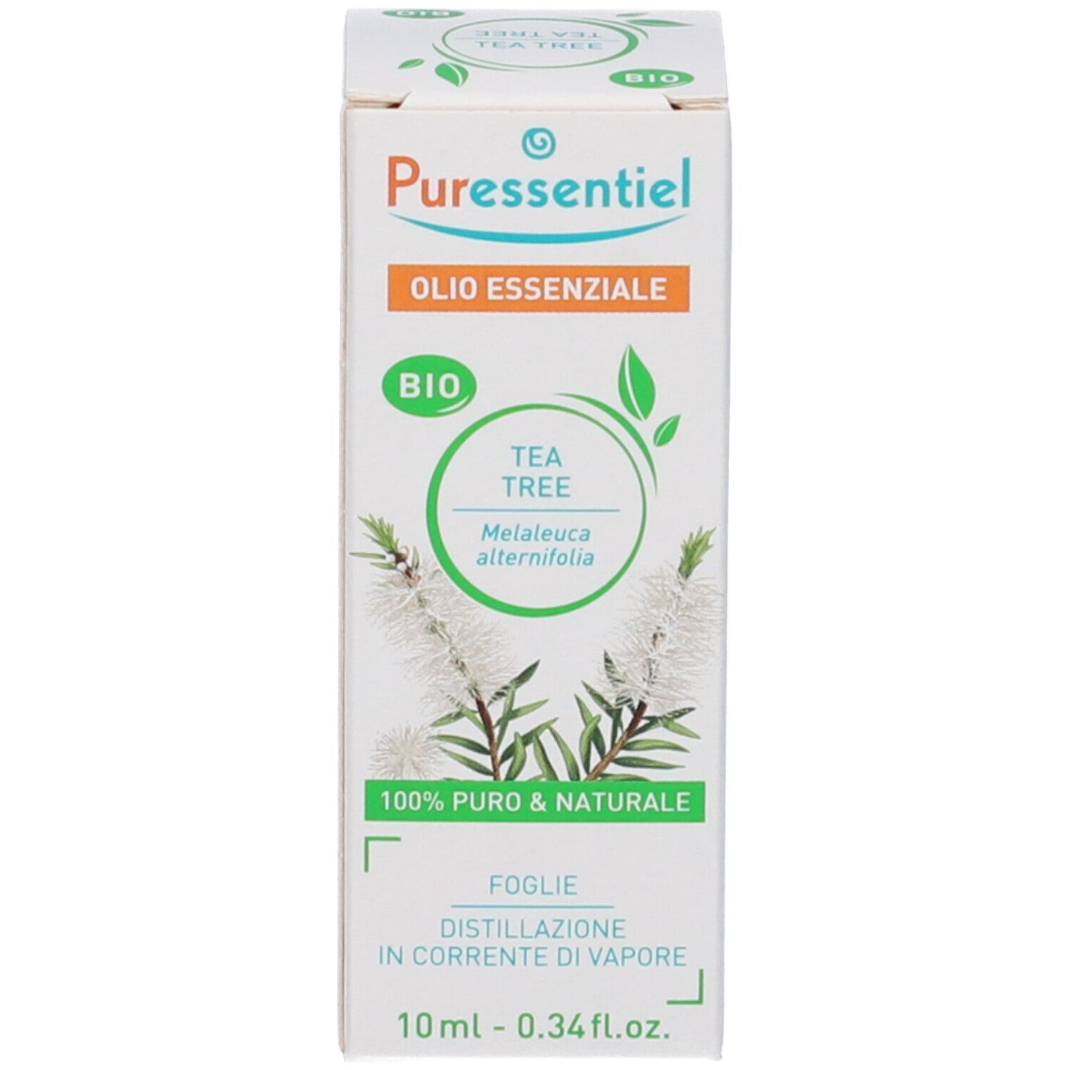Puressentiel Tea Tree Bio Olio Essenziale. Confezione. Testo e logo. Certificazione bio.