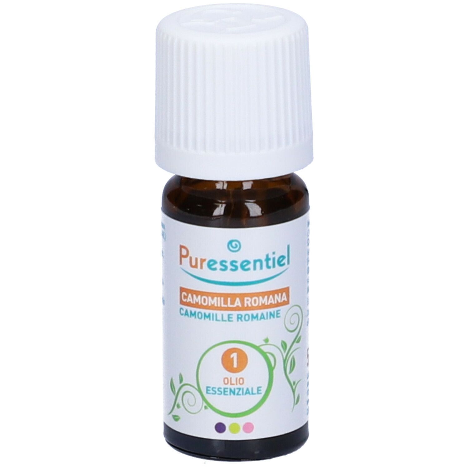 Flacone di vetro marrone, tappo bianco. Etichetta con nome prodotto e marchio Puressentiel®. Olio Essenziale.