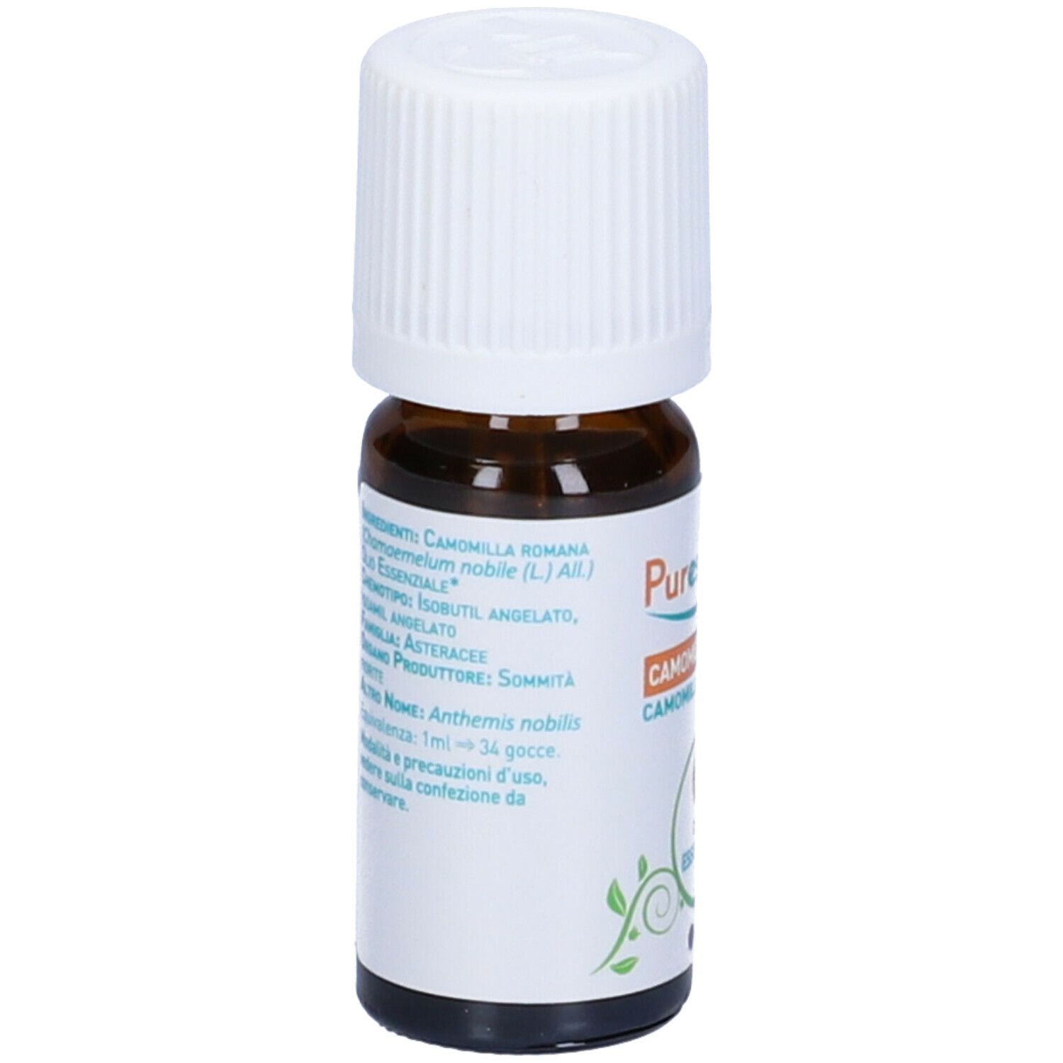 Flacone vetro marrone, tappo bianco. Etichetta con ingredienti e info produttore. Puressentiel®.
