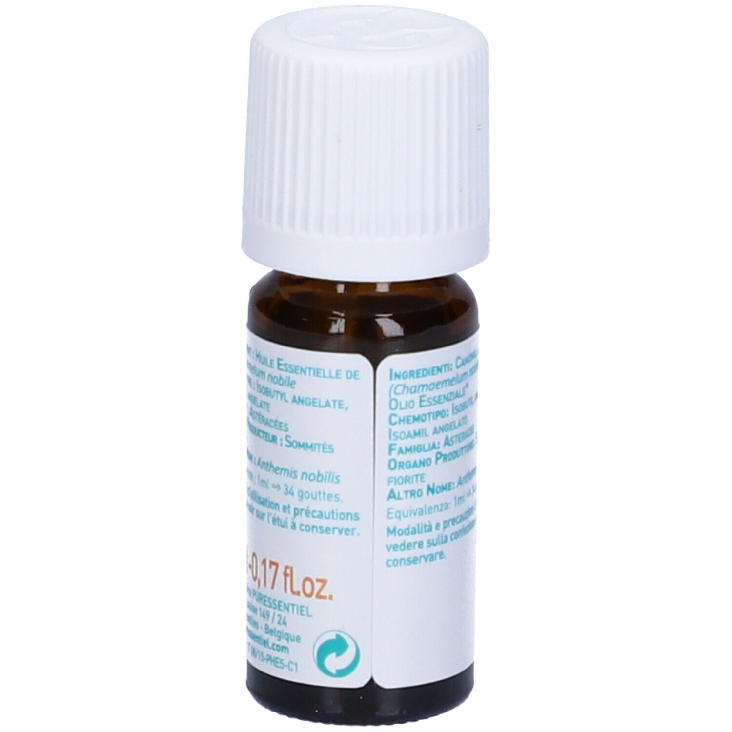 Flacone vetro marrone, tappo bianco. Etichetta con ingredienti e info produttore. Puressentiel®.