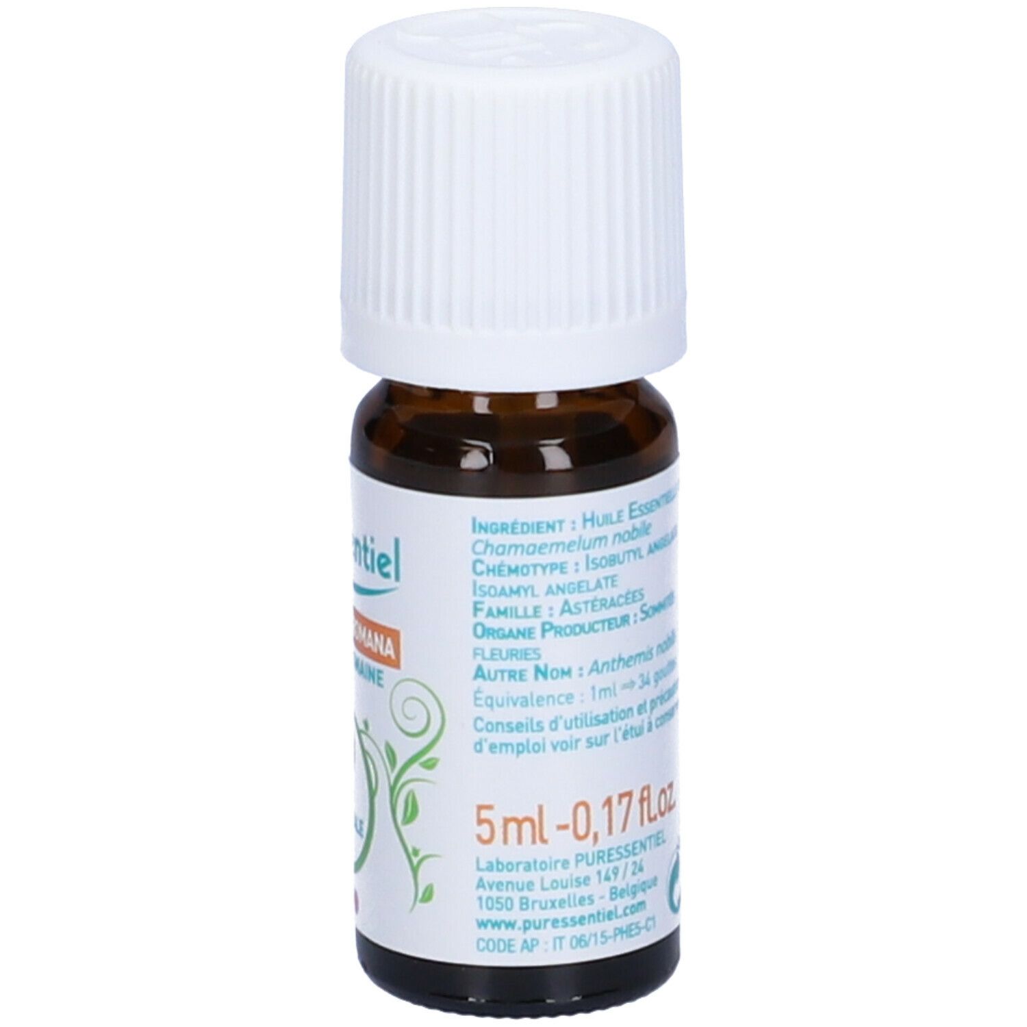 Flacone vetro marrone, tappo bianco. Etichetta con informazioni prodotto e volume. Puressentiel®.