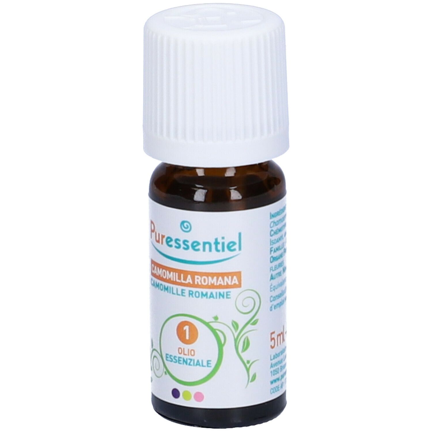 Flacone di vetro marrone, tappo bianco. Etichetta con nome prodotto e marchio Puressentiel®. Olio Essenziale.