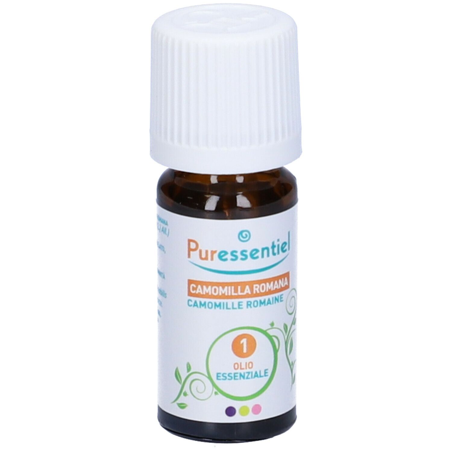 Flacone di vetro marrone, tappo bianco. Etichetta con nome prodotto e marchio Puressentiel®. Olio Essenziale.