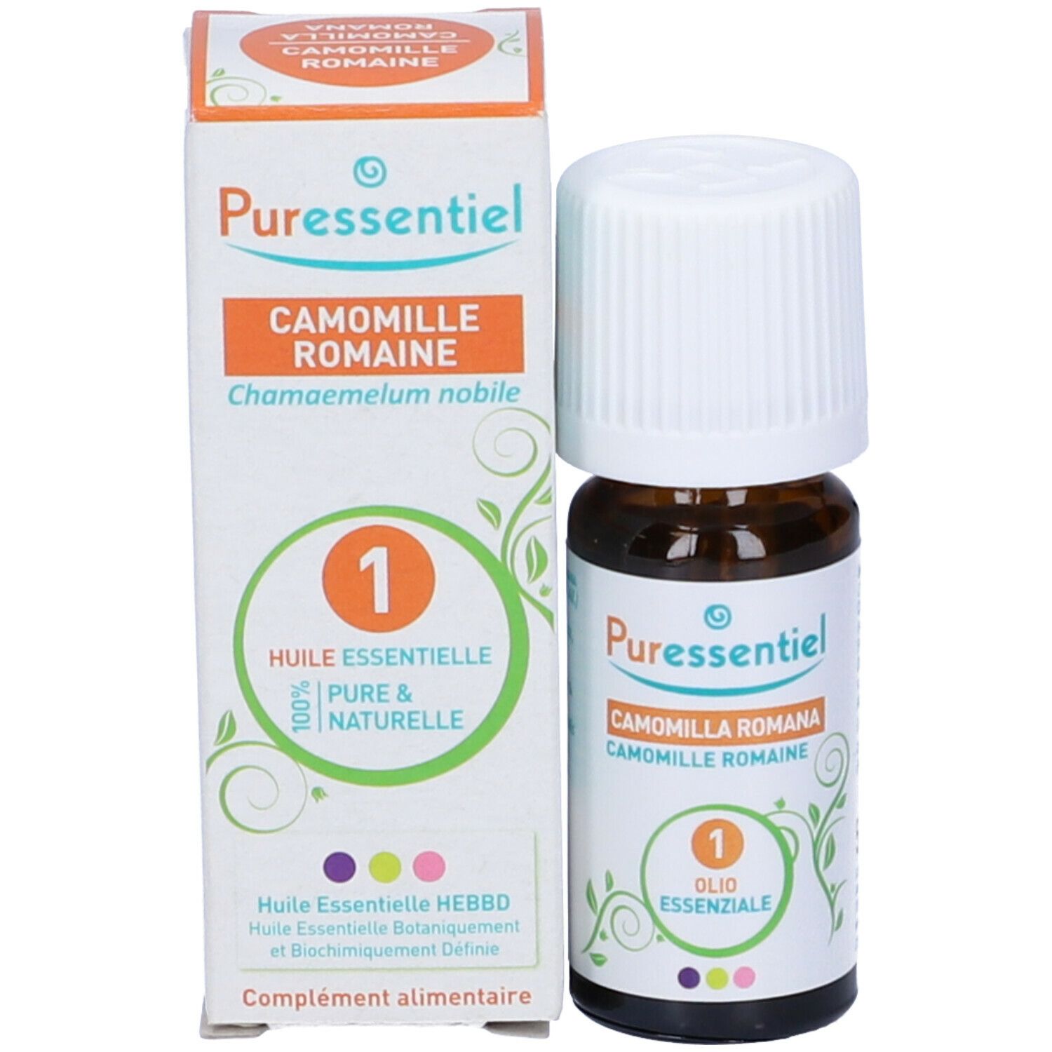 Flacone e confezione. Flacone con tappo bianco, confezione con nome prodotto e marchio Puressentiel®.
