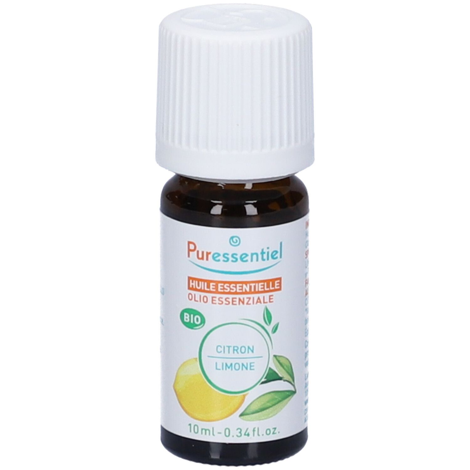 Flacone vetro marrone, tappo bianco. Etichetta: Puressentiel, Huile essentielle, Bio, Limone, 10 ml.