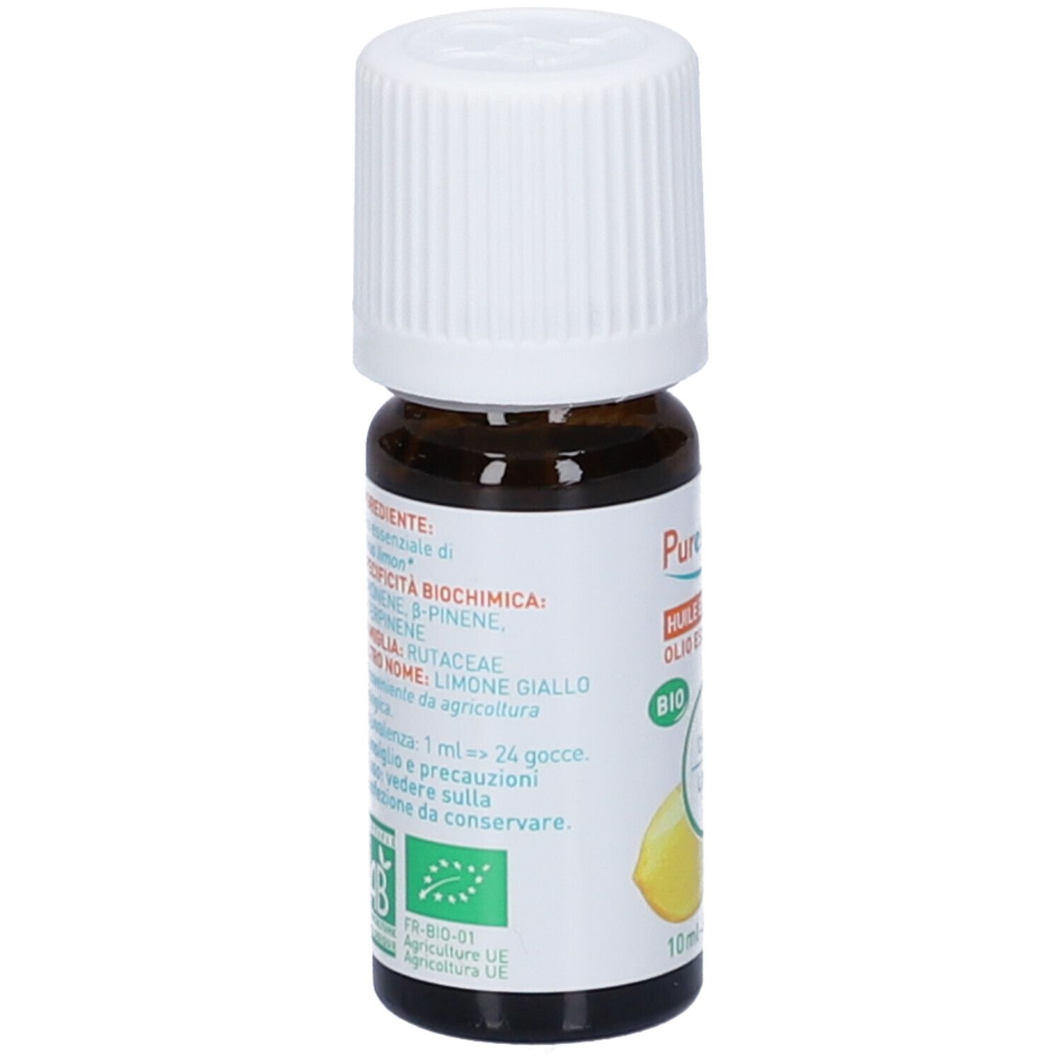 Flacone vetro marrone, tappo bianco. Etichetta con ingredienti e certificazione Bio. 10 ml.