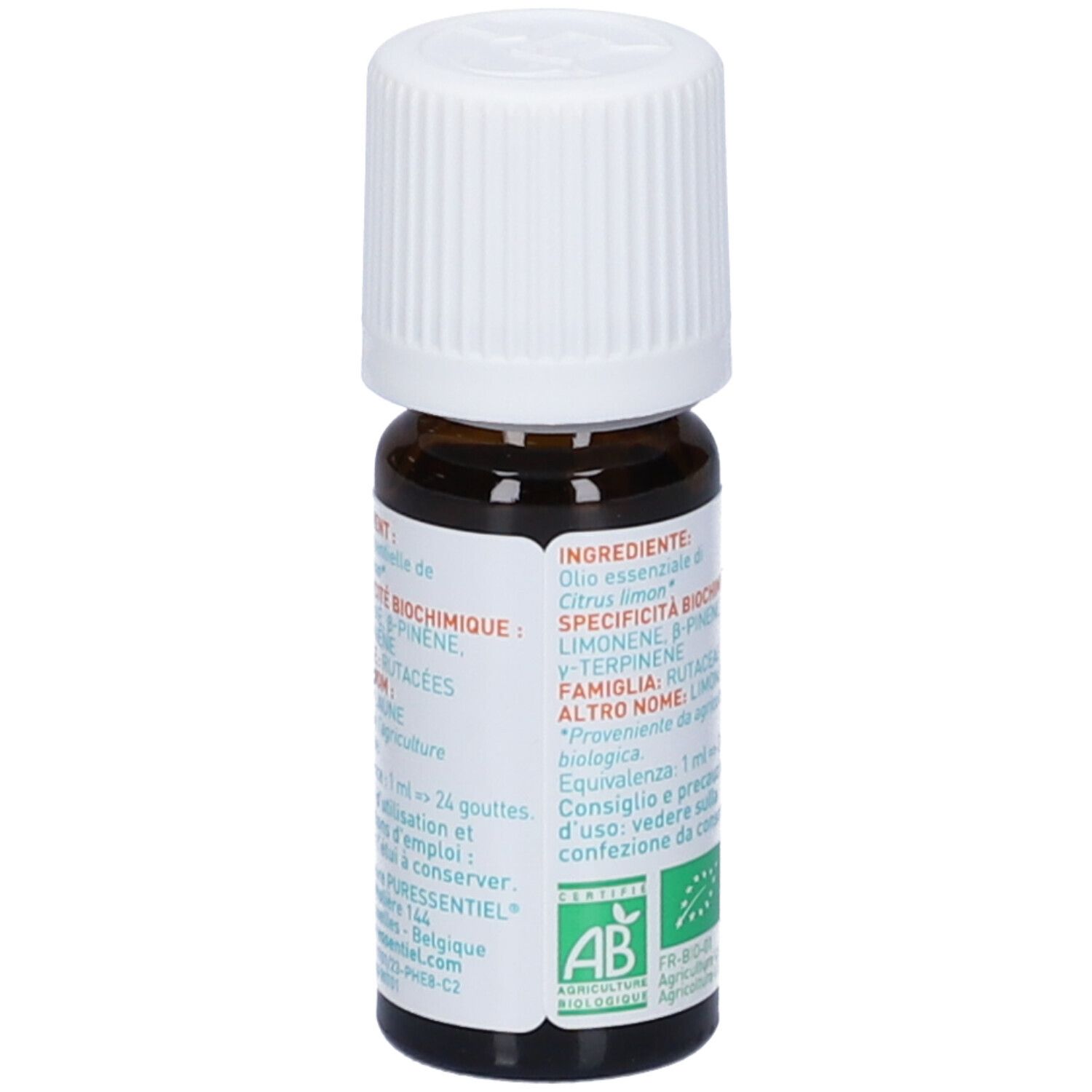 Flacone vetro marrone, tappo bianco. Etichetta con ingredienti e certificazione Bio. 10 ml.