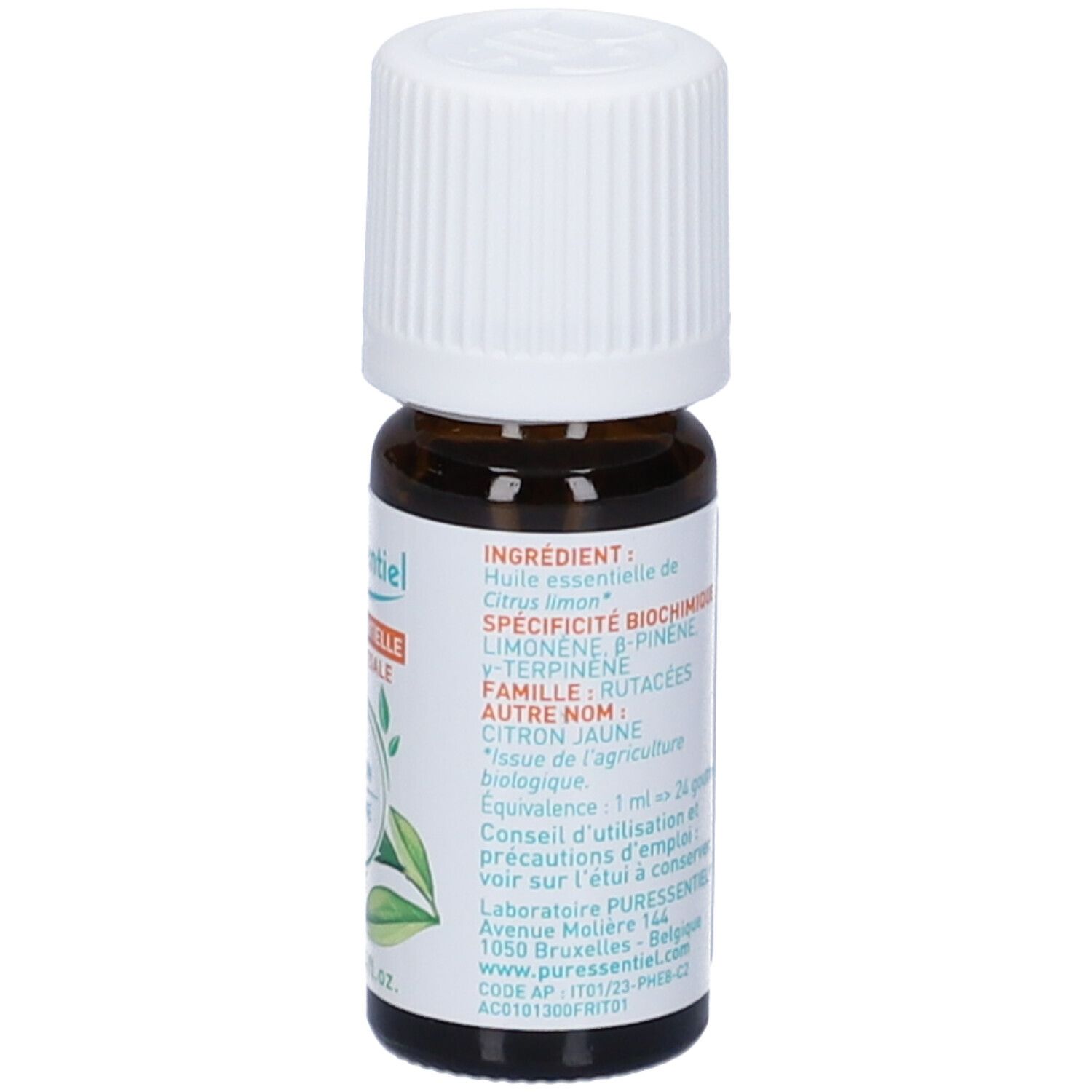Flacone vetro marrone, tappo bianco. Etichetta con ingredienti e certificazione Bio. 10 ml.