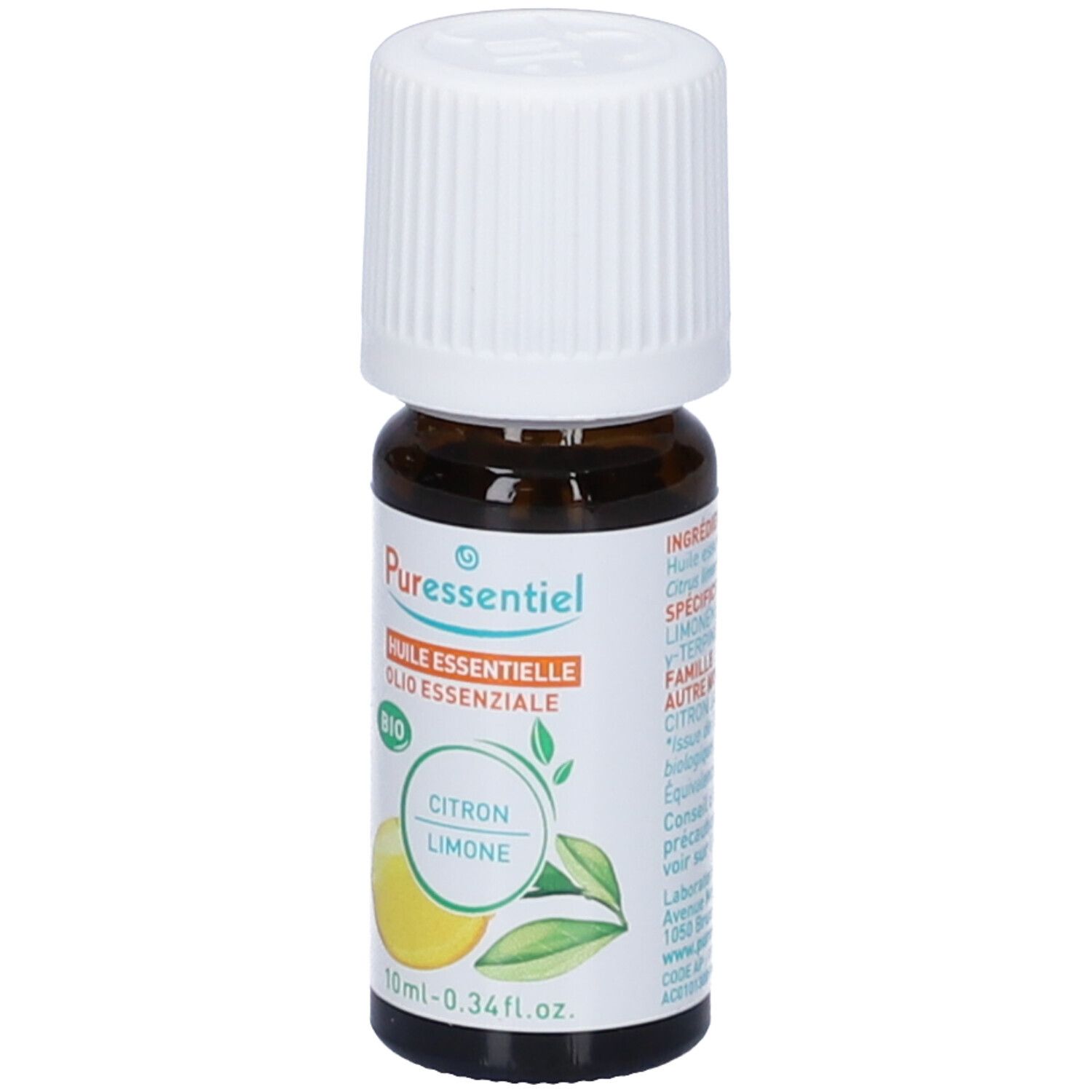 Flacone vetro marrone, tappo bianco. Etichetta con ingredienti e certificazione Bio. 10 ml.