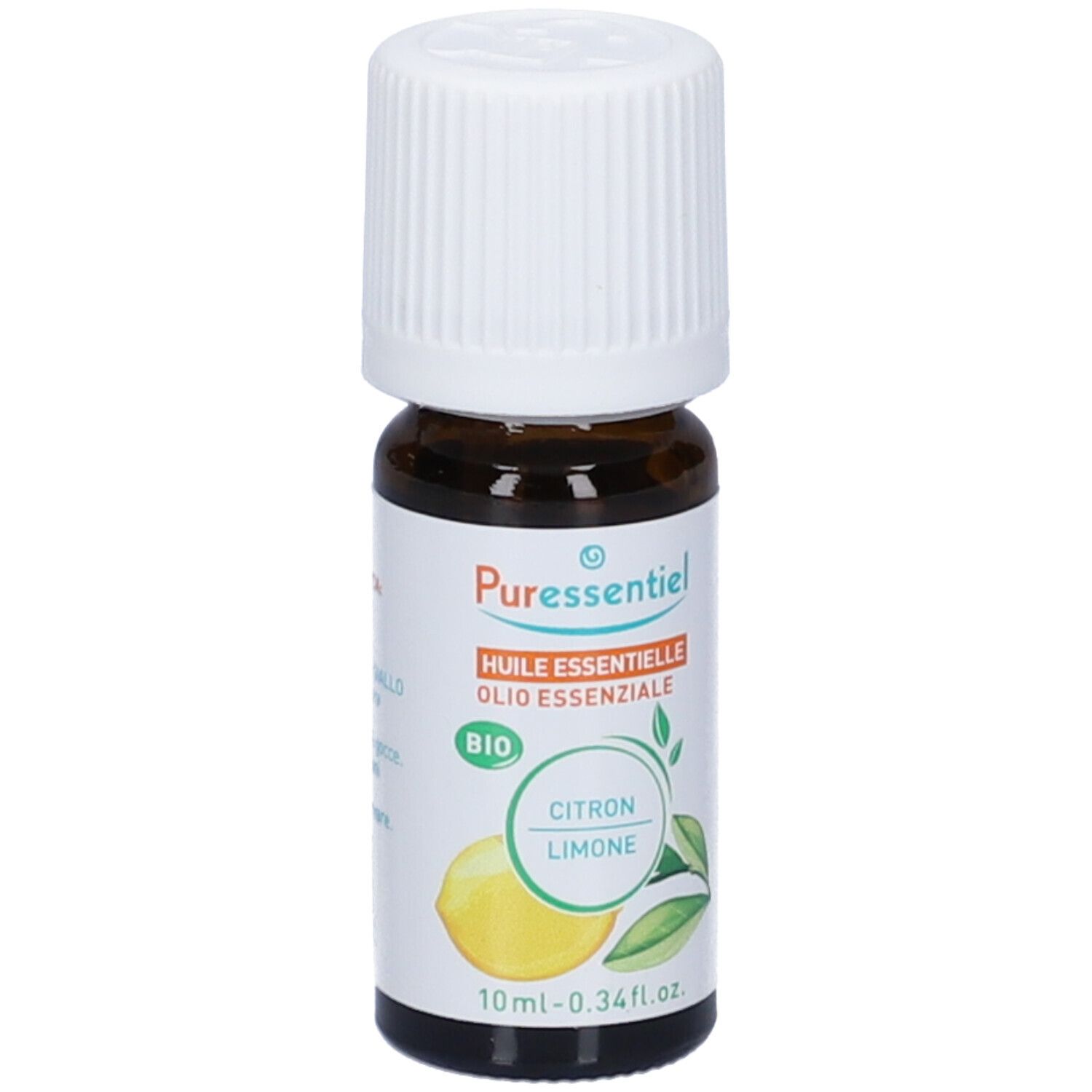 Flacone vetro marrone, tappo bianco. Etichetta con ingredienti e certificazione Bio. 10 ml.
