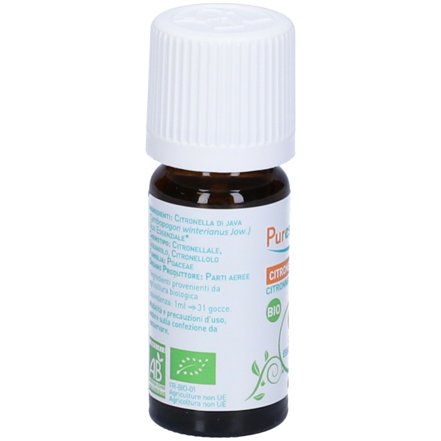 Flacone di vetro marrone con tappo bianco. Retro con ingredienti e certificazione bio. Etichetta.