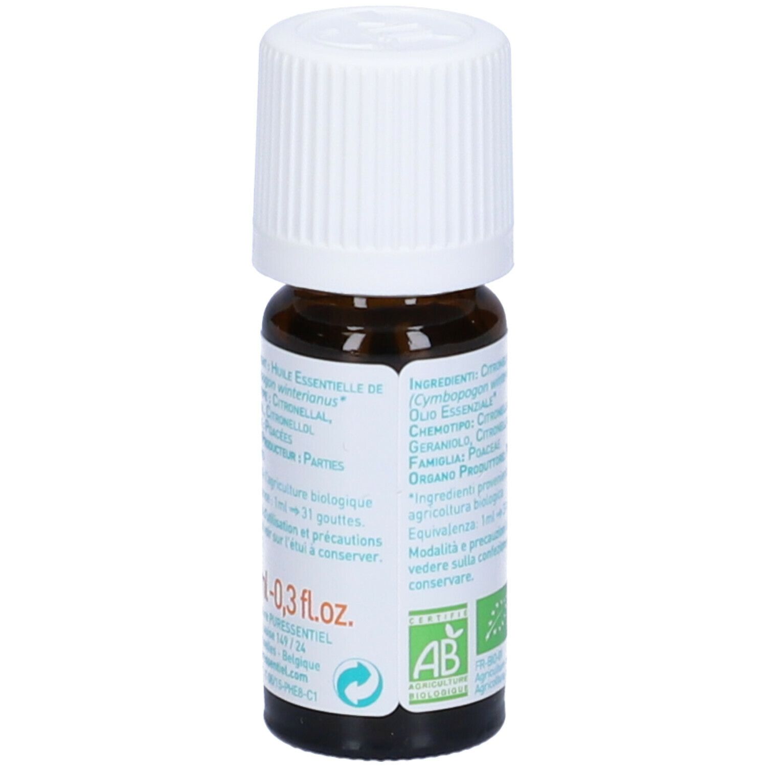 Flacone di vetro marrone con tappo bianco. Retro con ingredienti e certificazione bio. Etichetta.