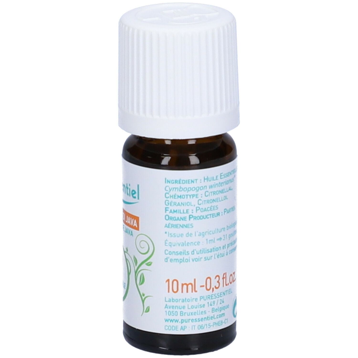 Flacone di vetro marrone con tappo bianco. Etichetta con informazioni sul prodotto e volume. Marchio bio.