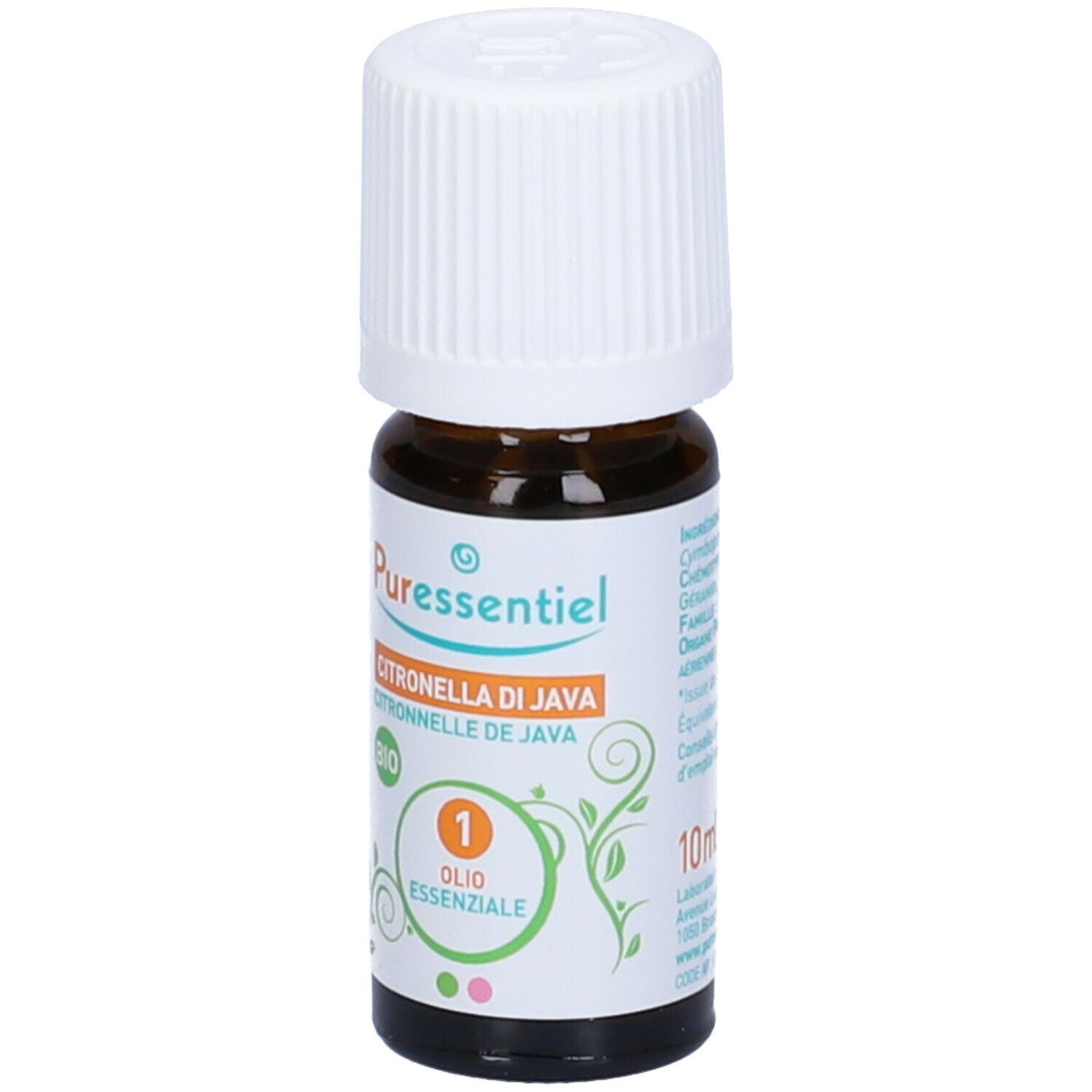 Flacone di vetro marrone con tappo bianco. Etichetta con nome del prodotto e marchio bio. Olio Essenziale.