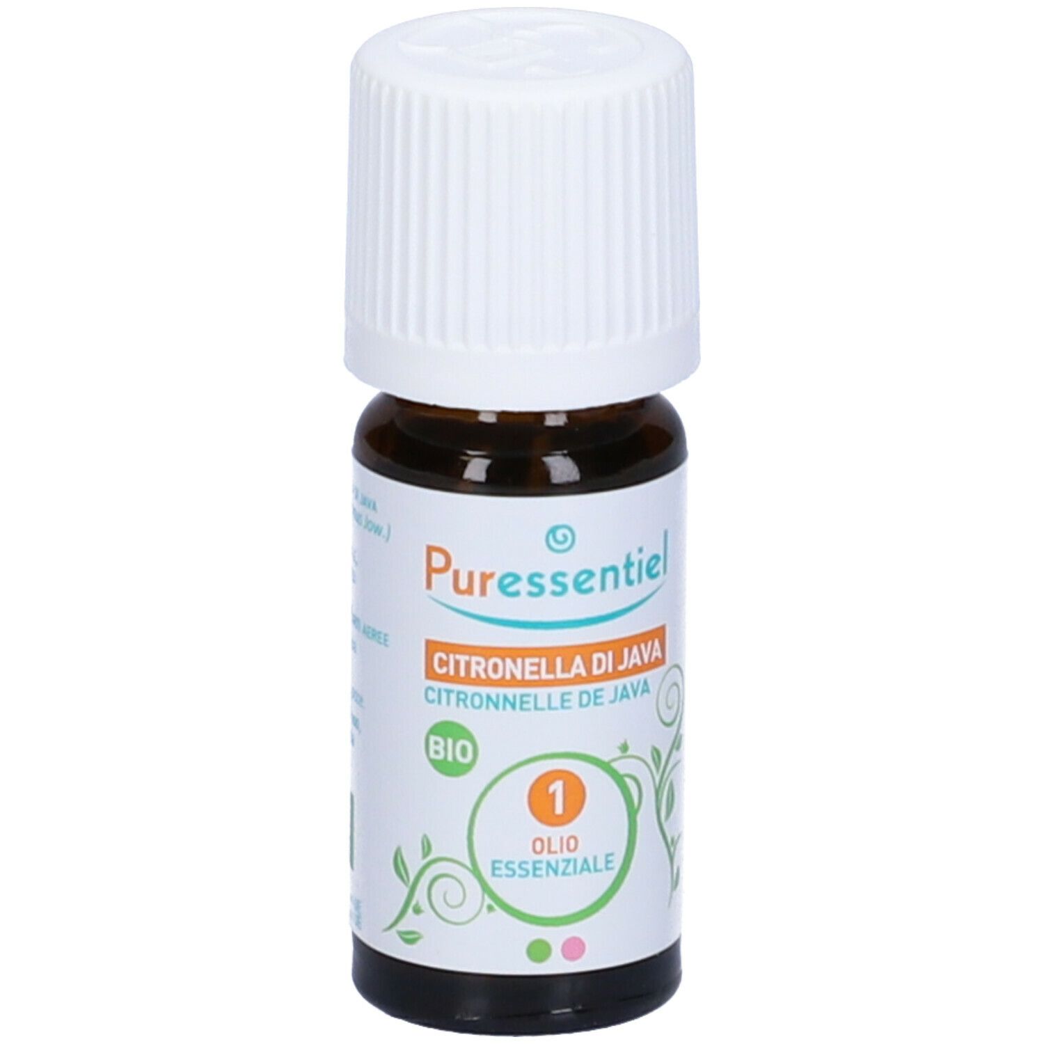 Flacone di vetro marrone con tappo bianco. Etichetta con nome del prodotto e marchio bio. Olio Essenziale.