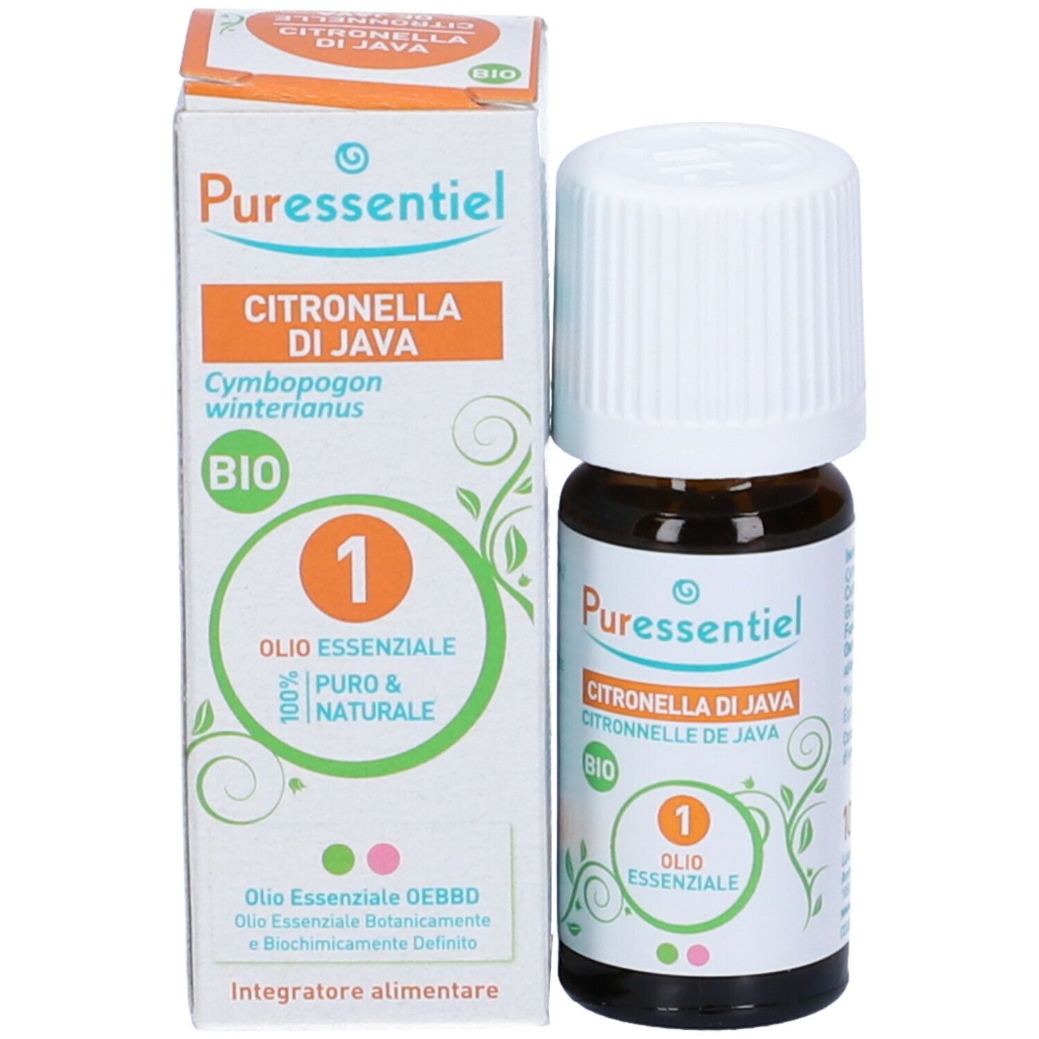 Flacone di vetro marrone e scatola. Flacone con tappo bianco. Scatola con nome del prodotto, marchio bio e Olio Essenziale.