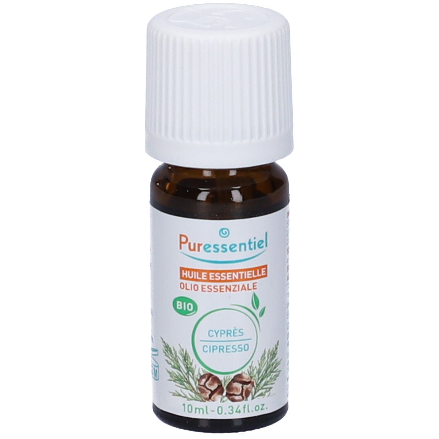 Flacone di vetro marrone con tappo bianco. Etichetta con 'Puressentiel', 'Olio essenziale', 'BIO' e 'Cipresso'.