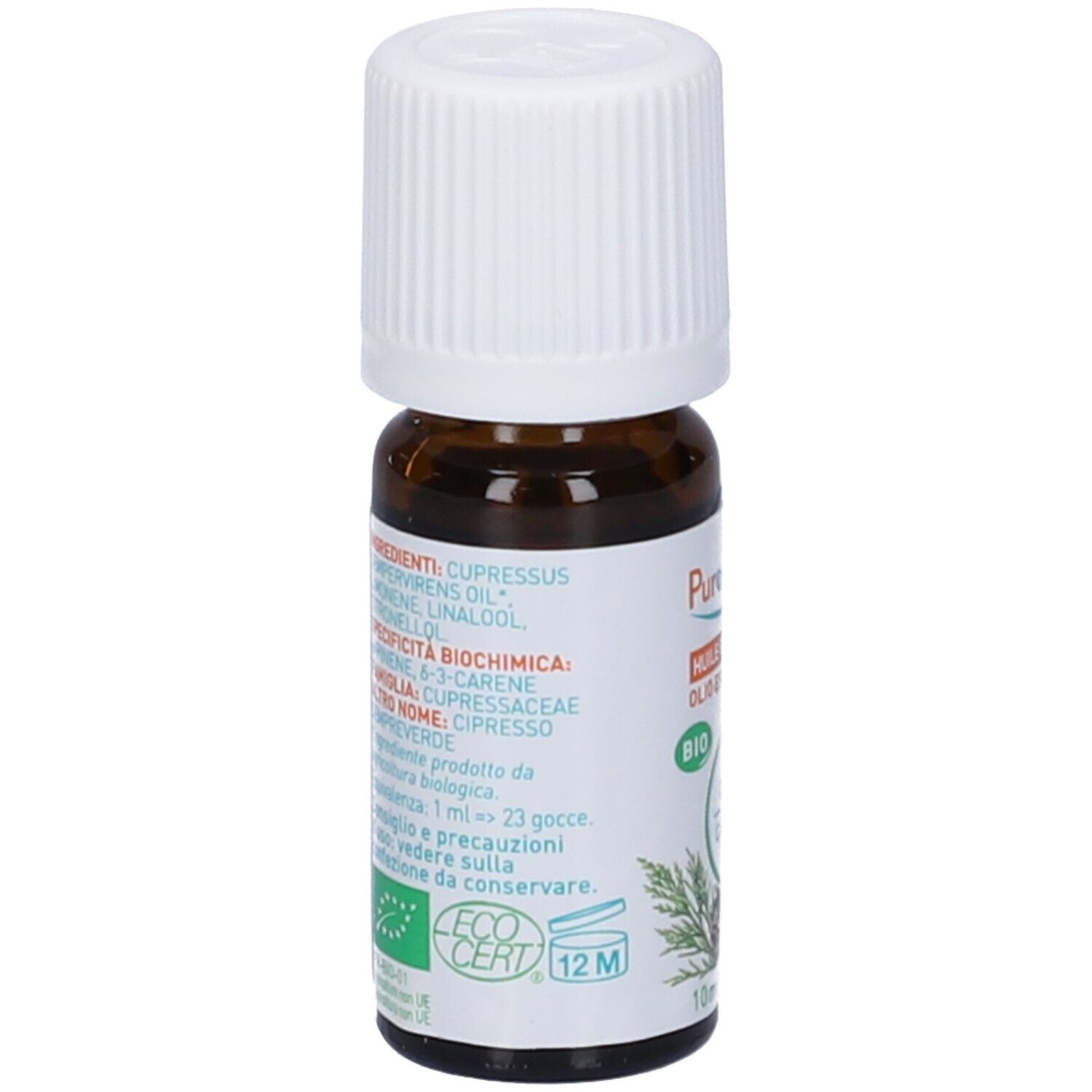 Flacone vetro marrone con tappo bianco. Etichetta con ingredienti, sigillo 'BIO' e 'Ecocert'. Simbolo 12M.