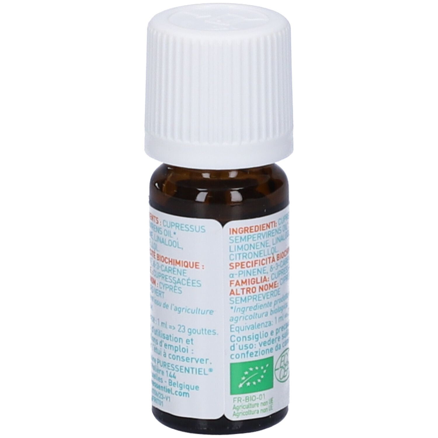 Flacone vetro marrone con tappo bianco. Etichetta con ingredienti, sigillo 'BIO' e 'Ecocert'. Simbolo 12M.