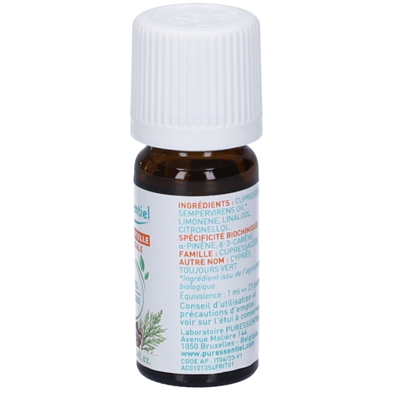 Flacone vetro marrone con tappo bianco. Etichetta con ingredienti, sigillo 'BIO' e 'Ecocert'. Simbolo 12M.
