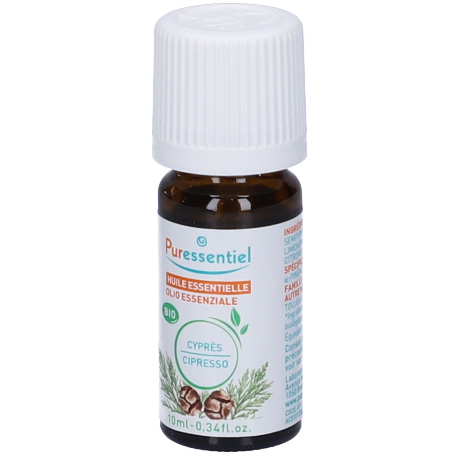 Flacone di vetro marrone con tappo bianco. Etichetta con 'Puressentiel', 'Olio essenziale', 'BIO' e 'Cipresso'.