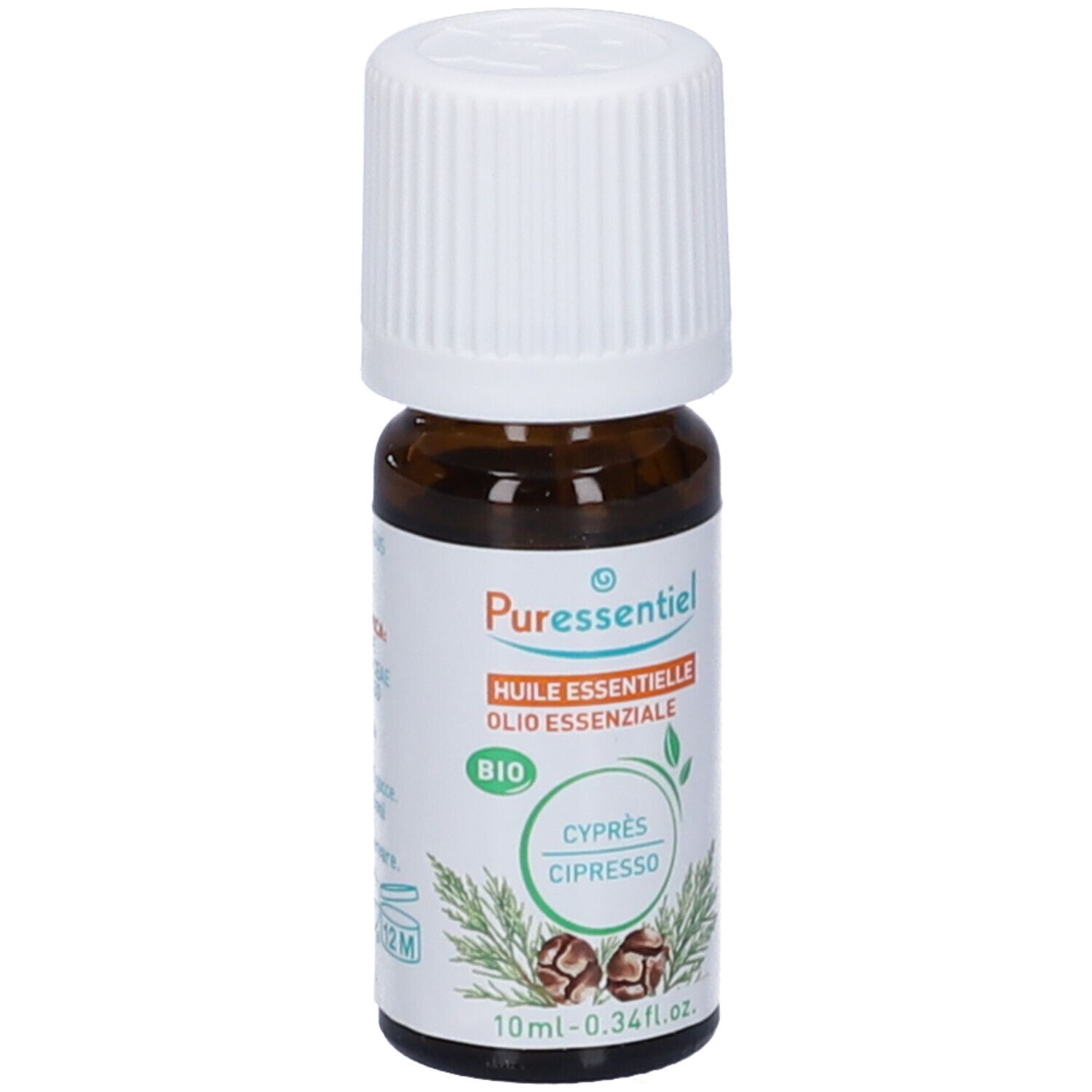 Flacone di vetro marrone con tappo bianco. Etichetta con 'Puressentiel', 'Olio essenziale', 'BIO' e 'Cipresso'.