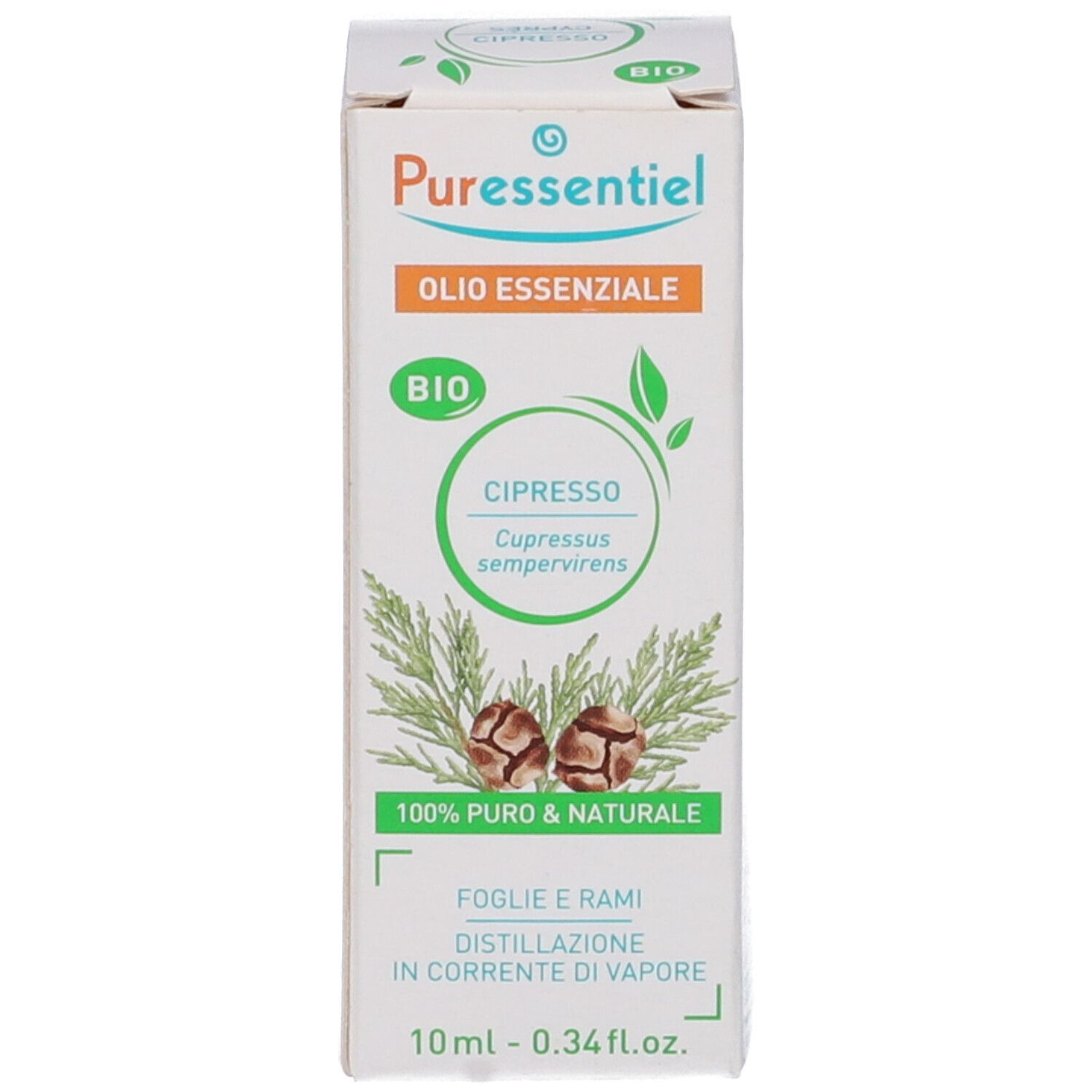 Confezione. Bianca, verde, arancione. 'Puressentiel', 'BIO', 'Cipresso'. Immagine di coni e rami. 10ml.