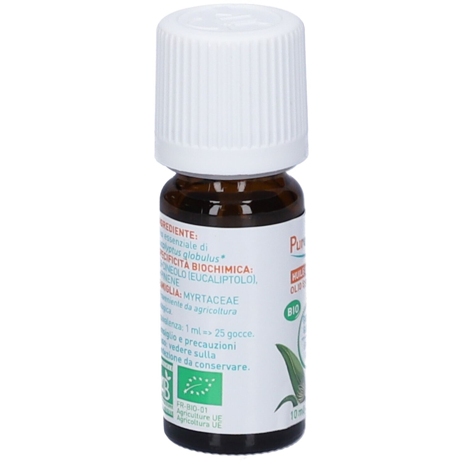 Flacone in vetro marrone con tappo bianco. Etichetta con ingredienti e logo. 10 ml.