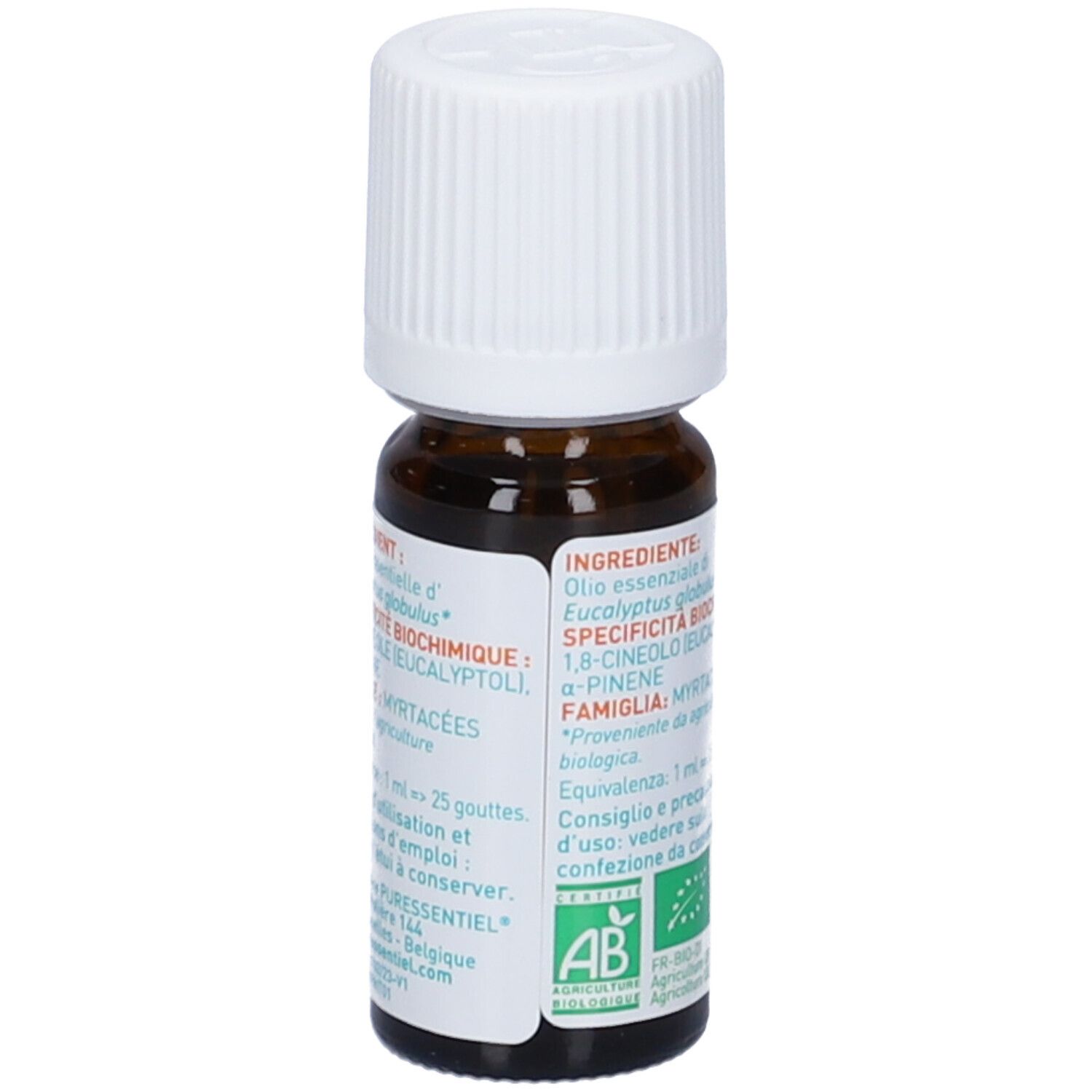 Flacone in vetro marrone con tappo bianco. Etichetta con ingredienti e logo. 10 ml.