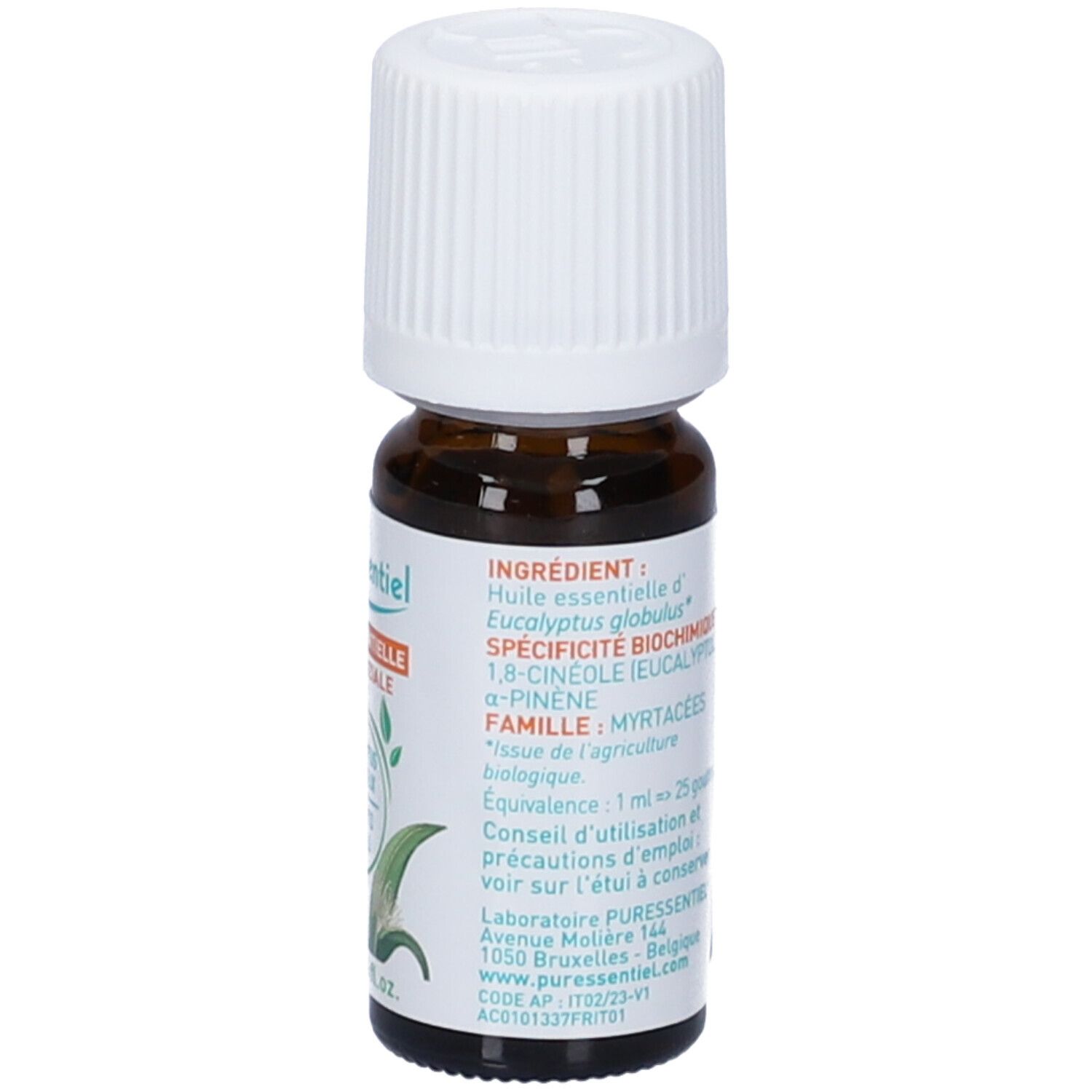 Flacone in vetro marrone con tappo bianco. Etichetta con ingredienti e logo. 10 ml.