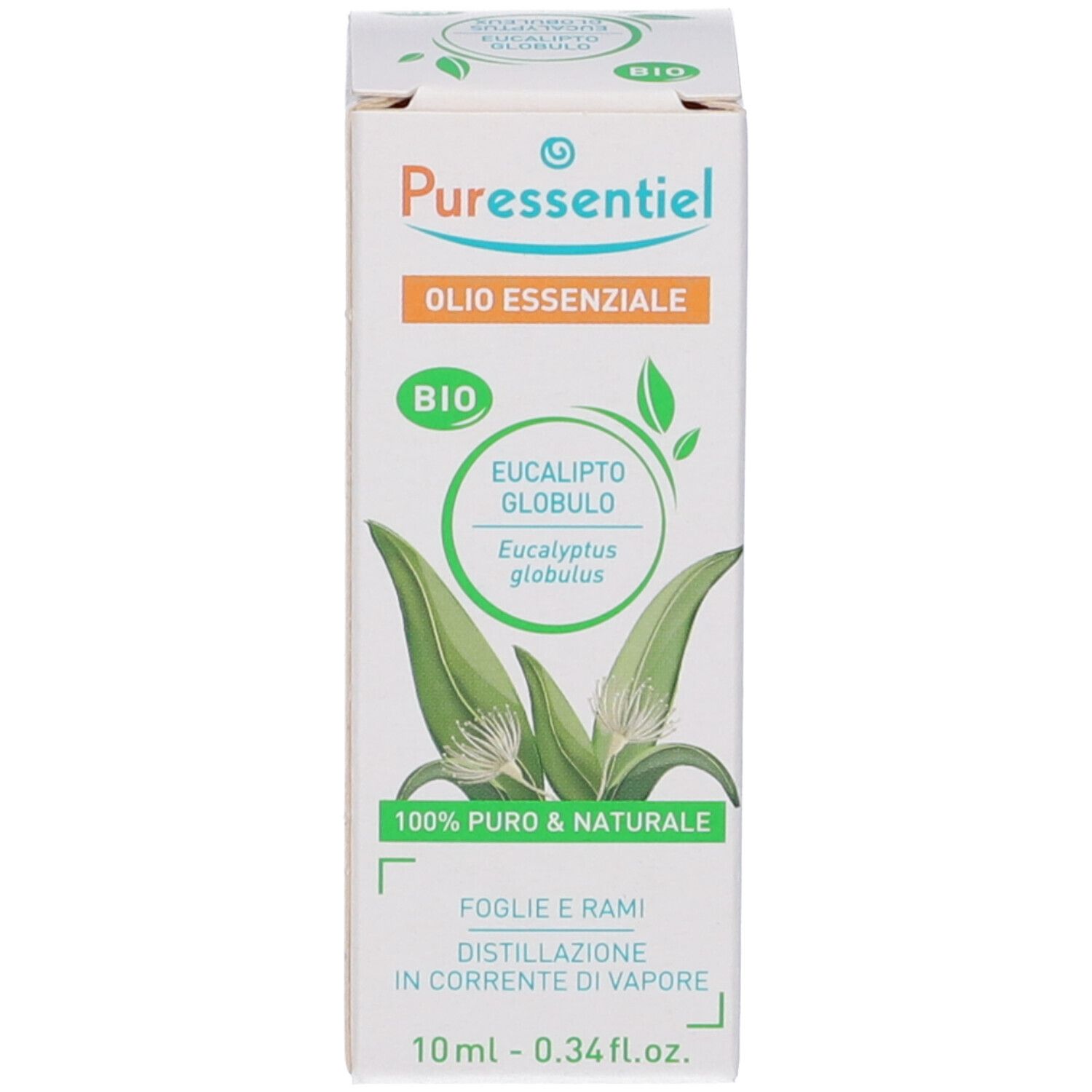 Confezione con logo e informazioni. Flacone con tappo bianco. 10 ml. Etichetta BIO.