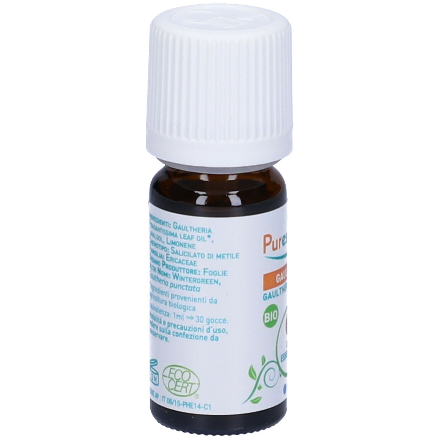 Flacone di vetro marrone con tappo bianco. Etichetta con ingredienti e certificazione 'ECO CERT'.