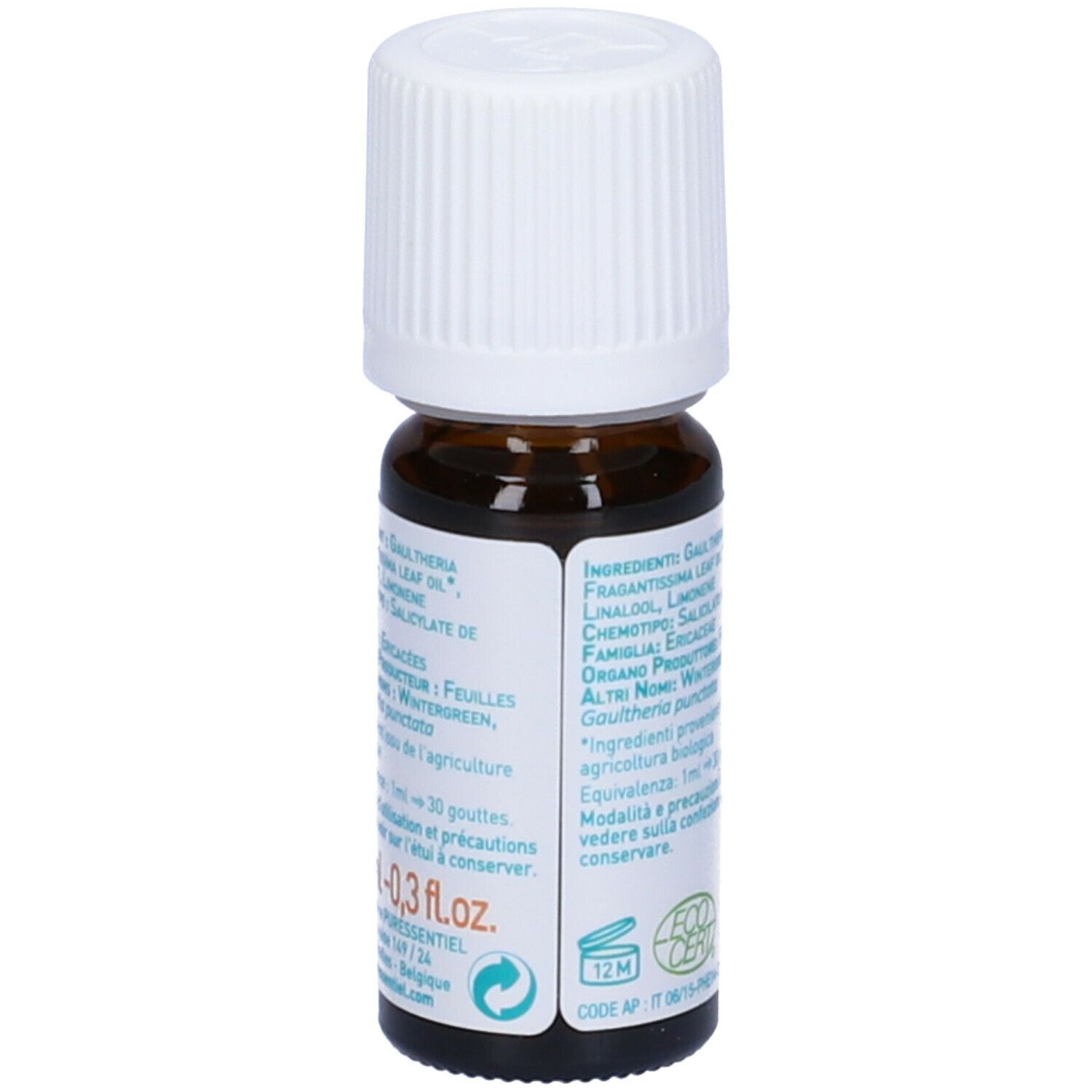 Flacone di vetro marrone con tappo bianco. Etichetta con ingredienti e certificazione 'ECO CERT'.