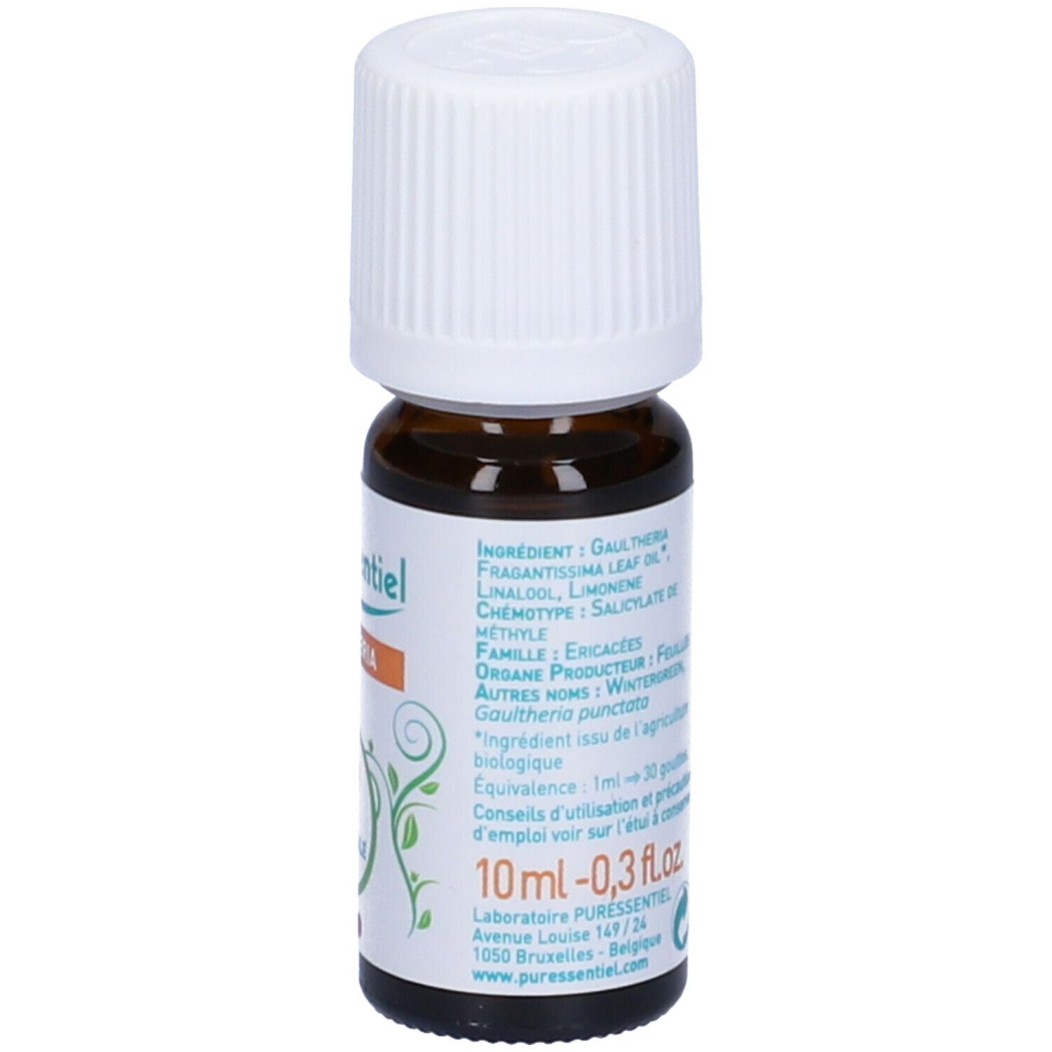 Flacone di vetro marrone con tappo bianco. Etichetta con informazioni prodotto e volume '10 ml'.