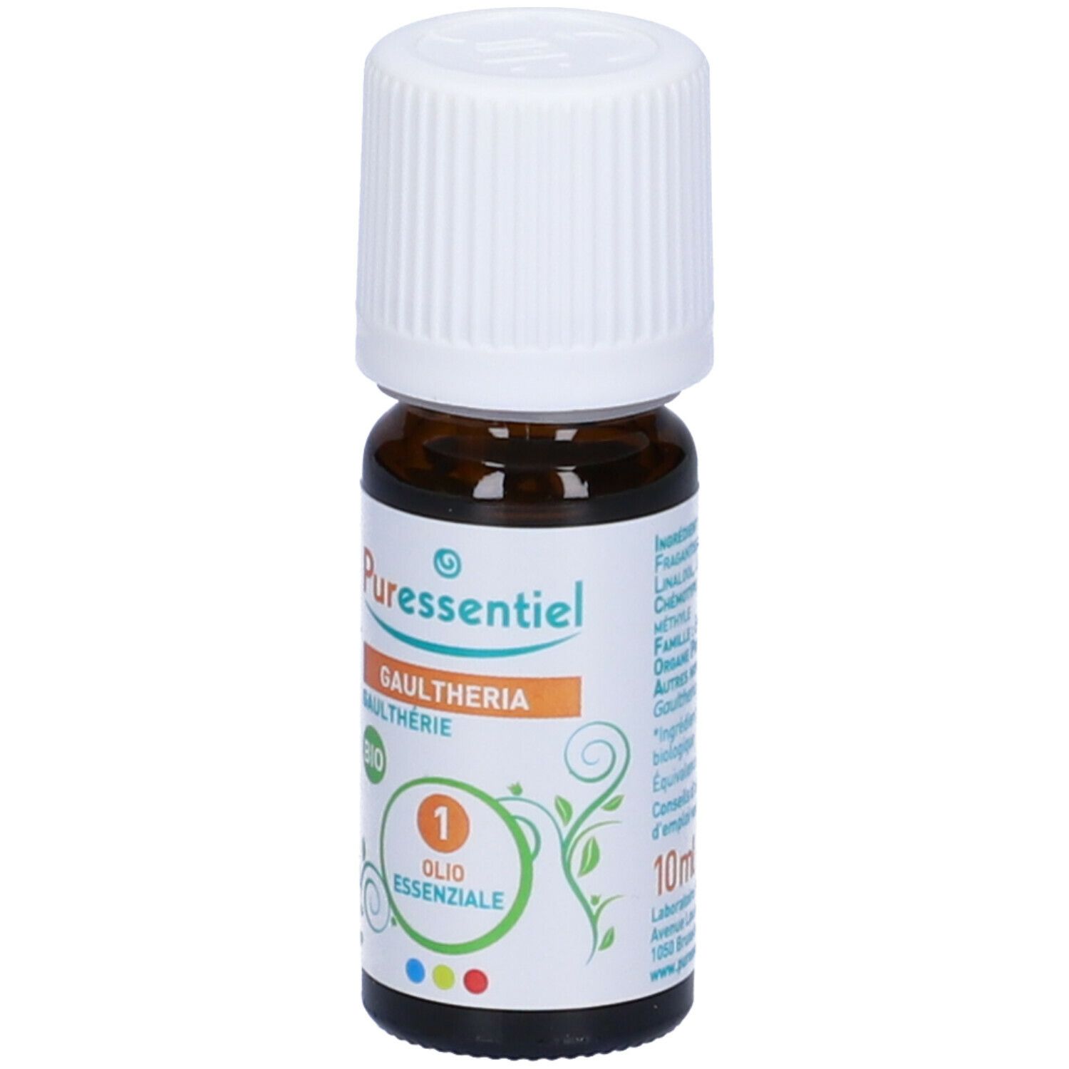 Flacone di vetro marrone con tappo bianco. Etichetta con nome prodotto, 'Gaultheria' e 'BIO'.