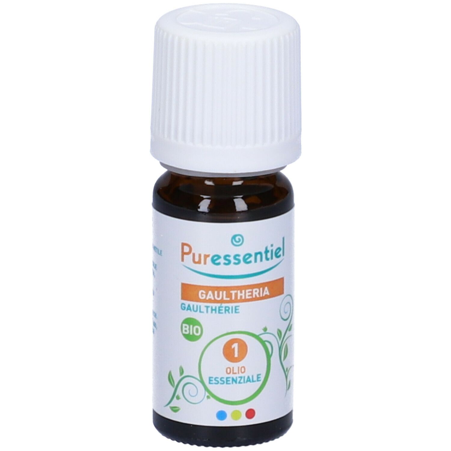 Flacone di vetro marrone con tappo bianco. Etichetta con nome prodotto, 'Gaultheria' e 'BIO'.