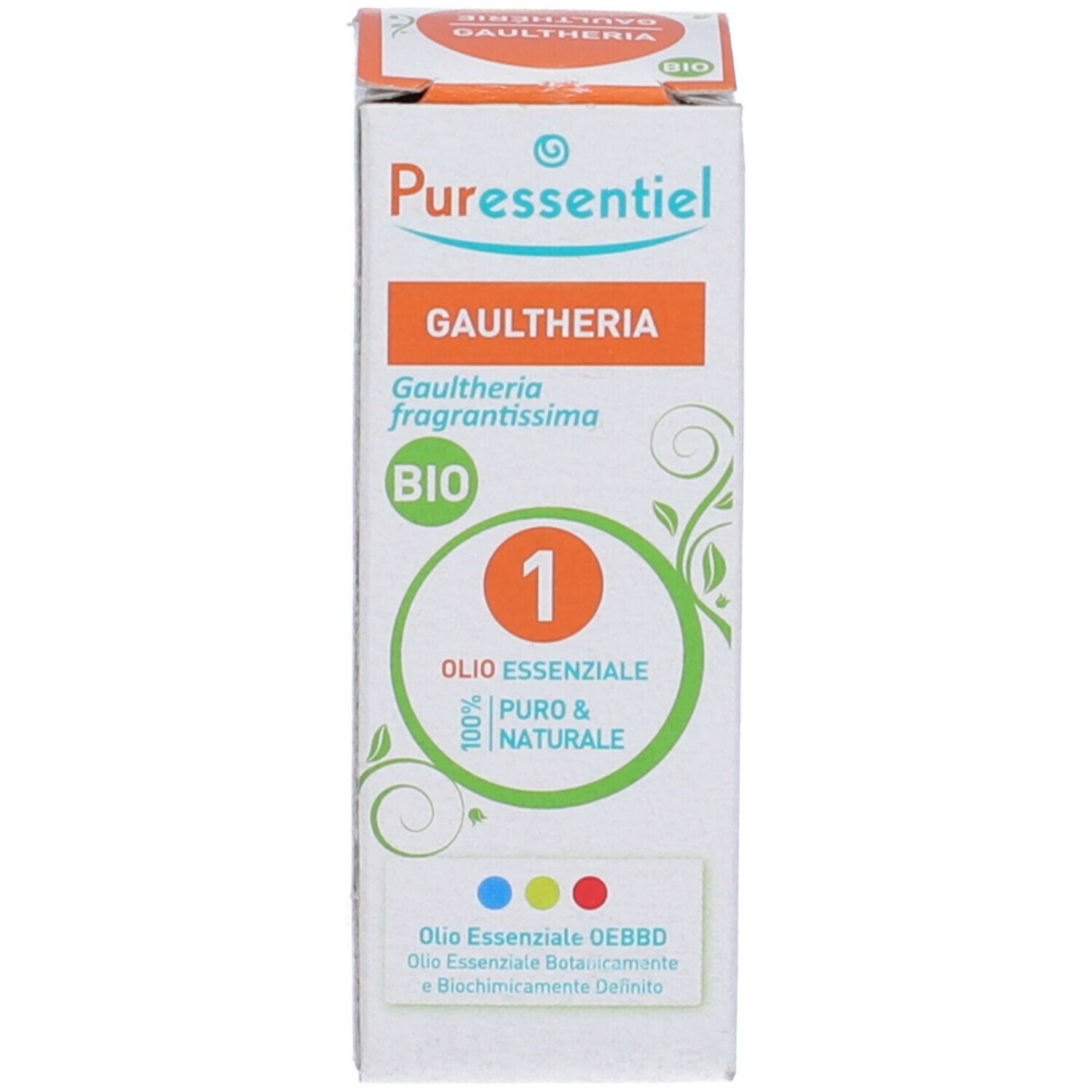 Confezione del prodotto. Confezione con nome prodotto, 'Gaultheria' e 'BIO'.