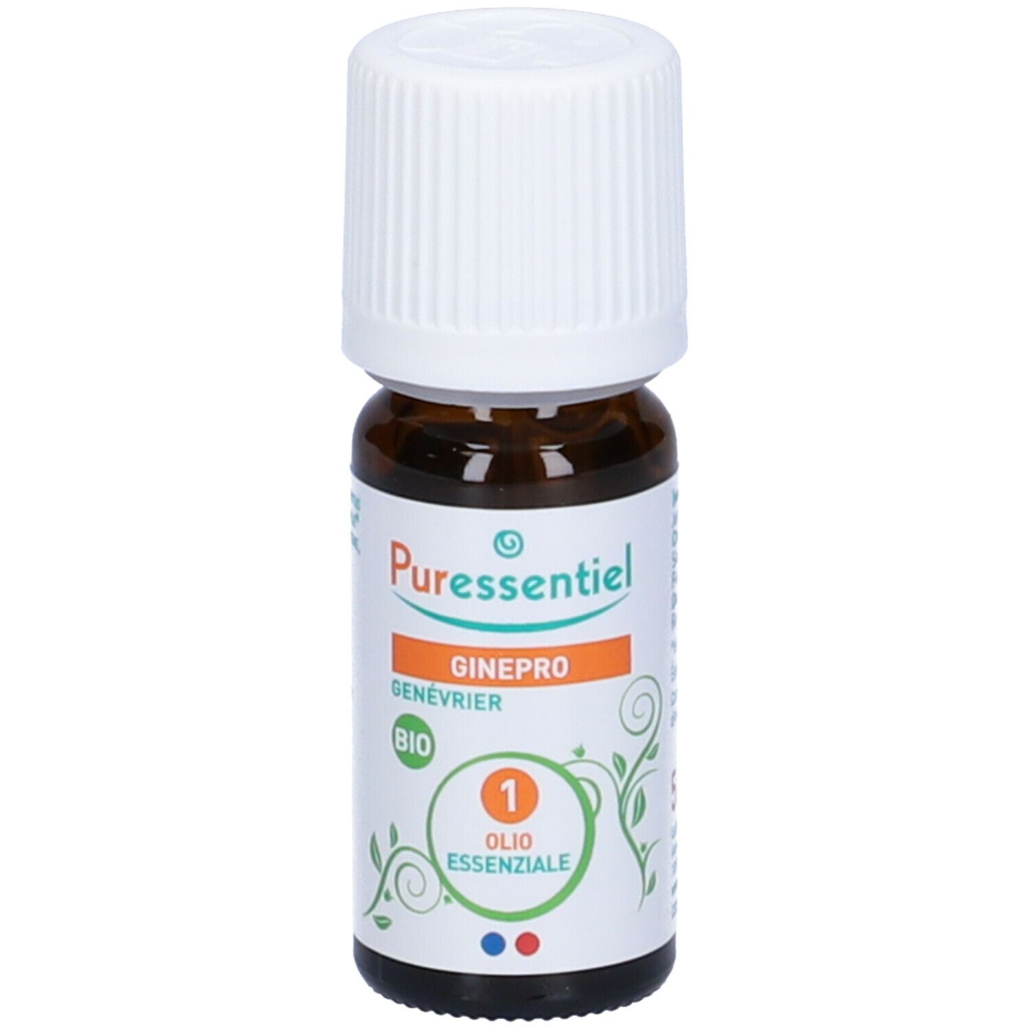 Flacone di vetro marrone con tappo bianco. Etichetta con nome prodotto e marchio bio. Olio Essenziale.